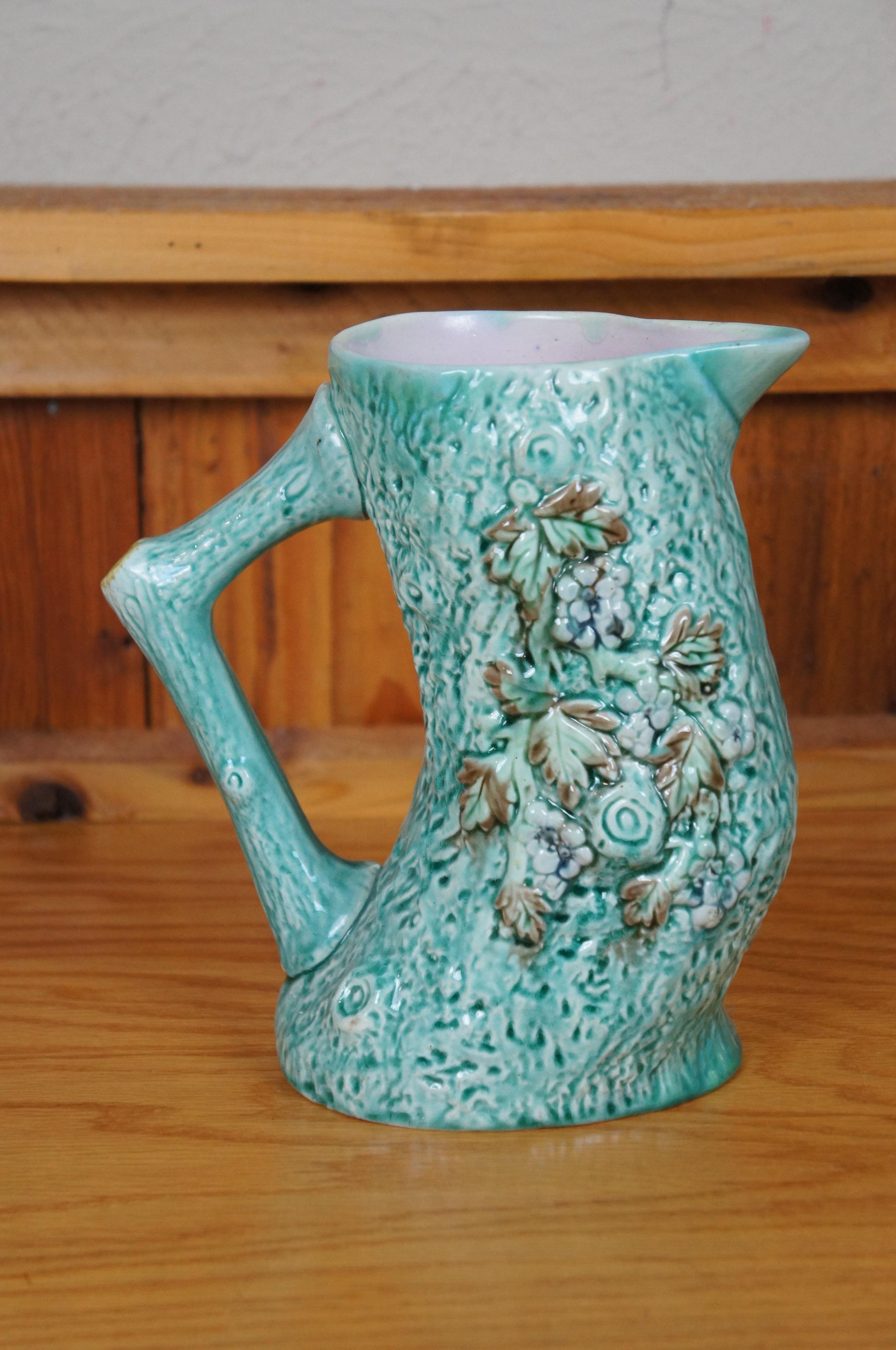 20ième siècle Ancienne Majolique Turquoise Adirondak Tree Trunk Log Branch Pitcher Jug 8