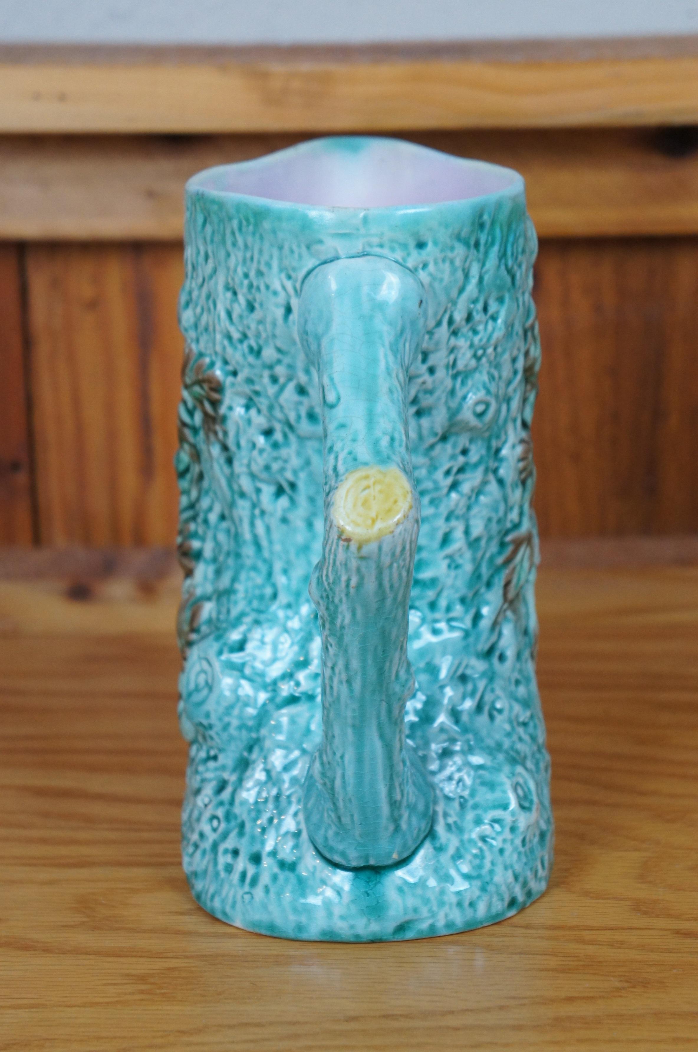 Ancienne Majolique Turquoise Adirondak Tree Trunk Log Branch Pitcher Jug 8