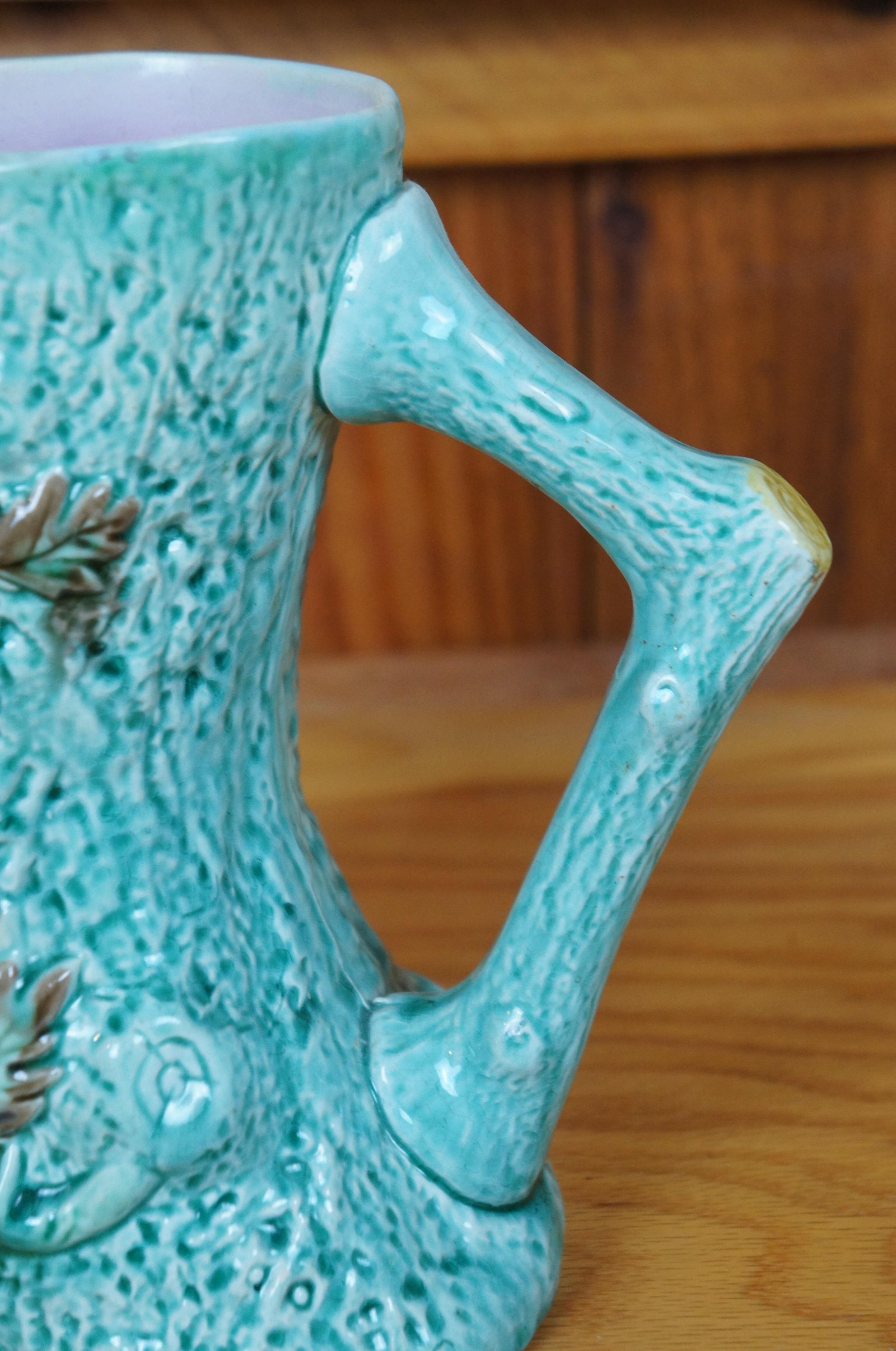 Ancienne Majolique Turquoise Adirondak Tree Trunk Log Branch Pitcher Jug 8