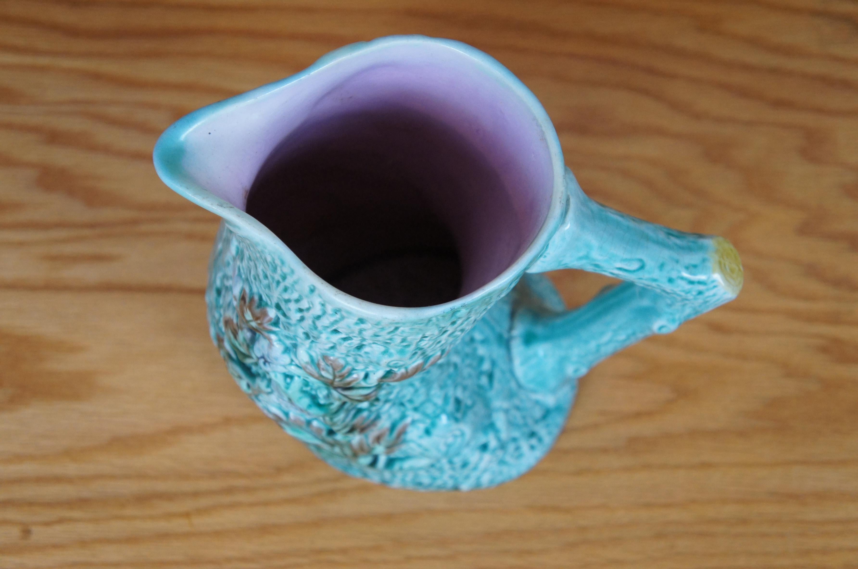 Ancienne Majolique Turquoise Adirondak Tree Trunk Log Branch Pitcher Jug 8