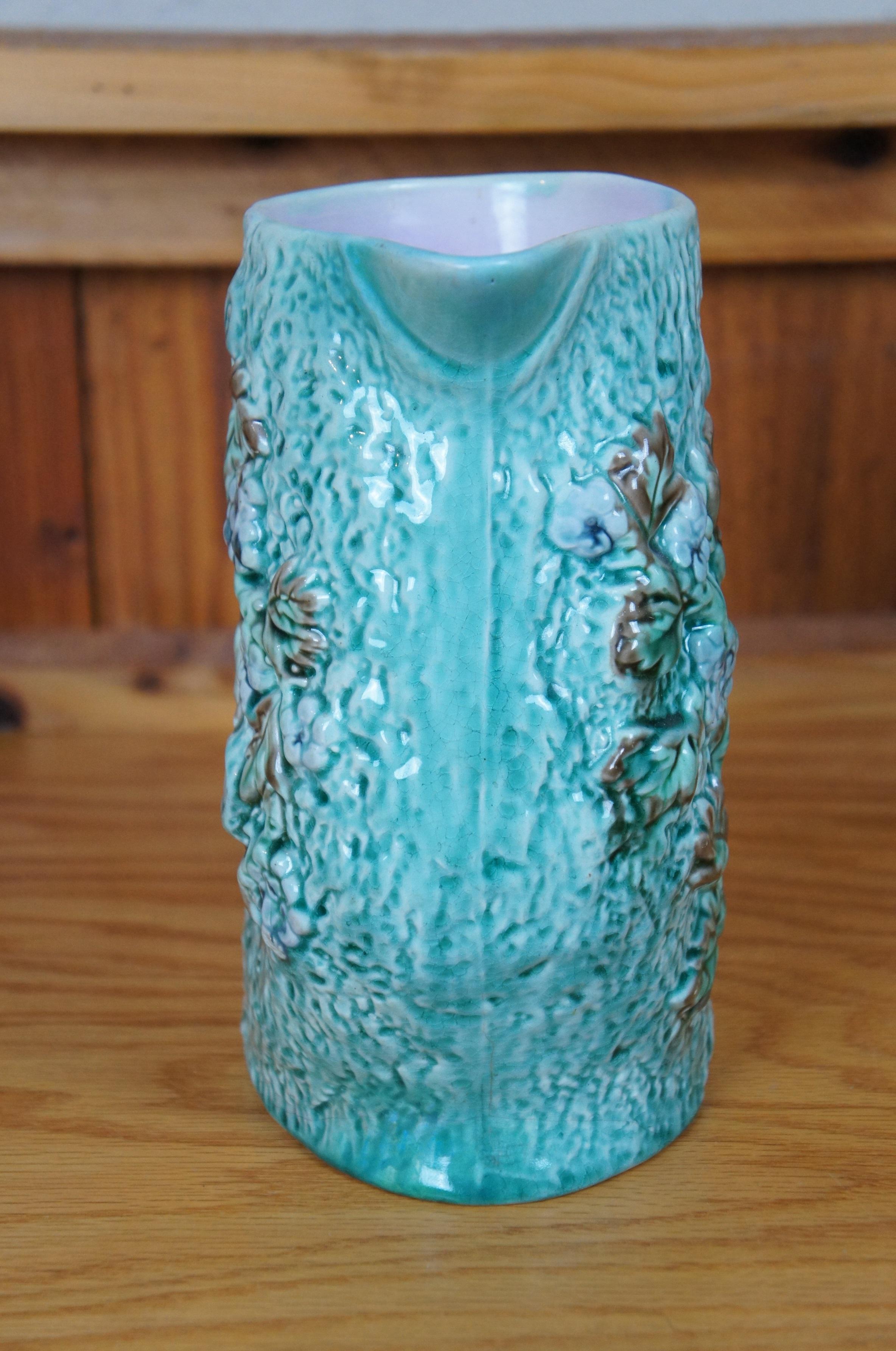 Ancienne Majolique Turquoise Adirondak Tree Trunk Log Branch Pitcher Jug 8