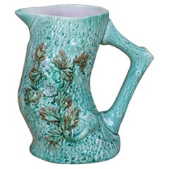 Antique Majolica Turquoise Adirondak Tree Trunk Log Branch Pitcher Jug 8"