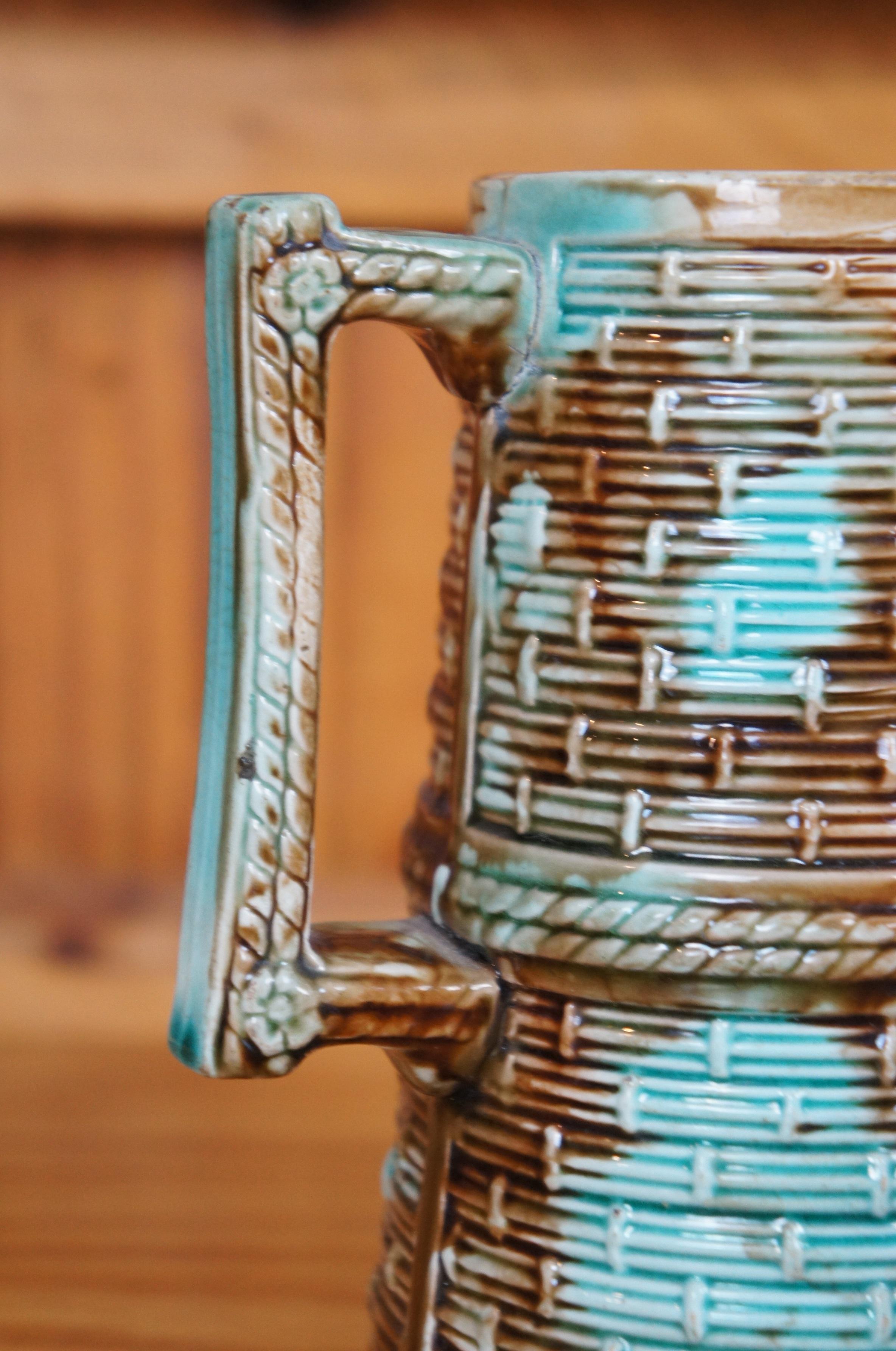 Antique Majolica Turquoise Blue Brown Basketweave Creamer Pitcher Jug 6