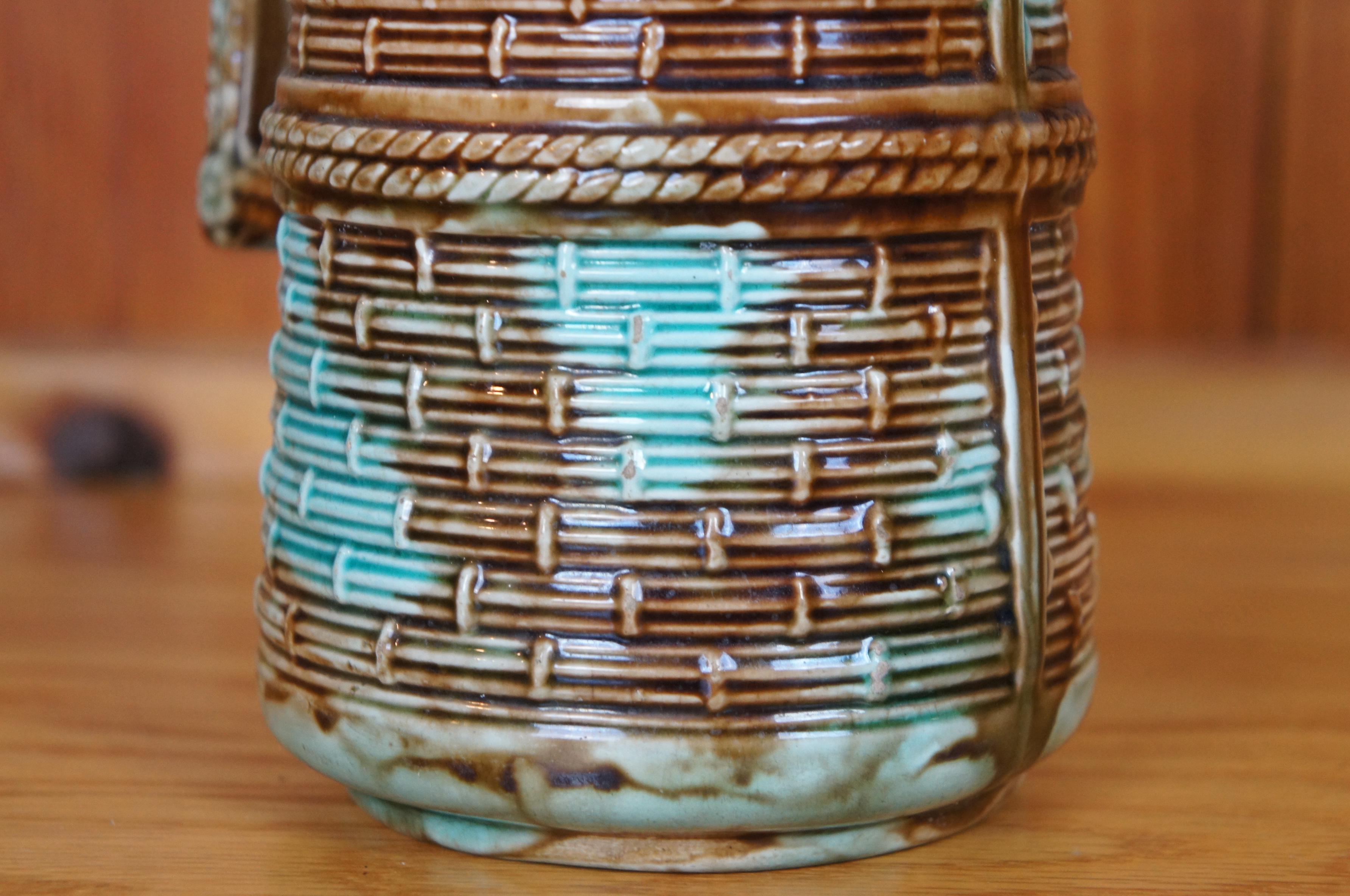 Antique Majolica Turquoise Blue Brown Basketweave Creamer Pitcher Jug 6