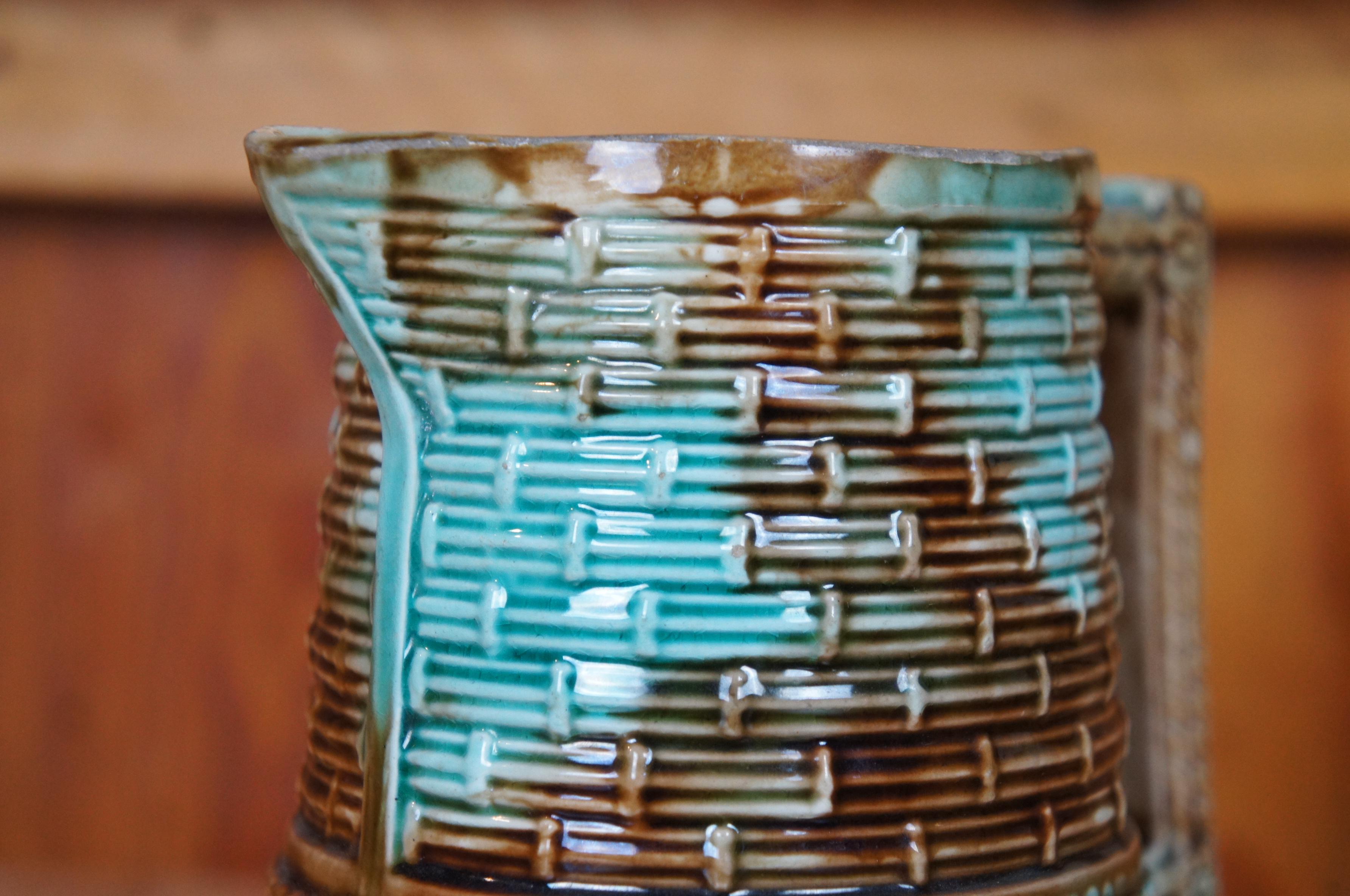 Antique Majolica Turquoise Blue Brown Basketweave Creamer Pitcher Jug 6