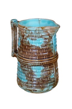 Antique Majolica Turquoise Blue Brown Basketweave Creamer Pitcher Jug 6"