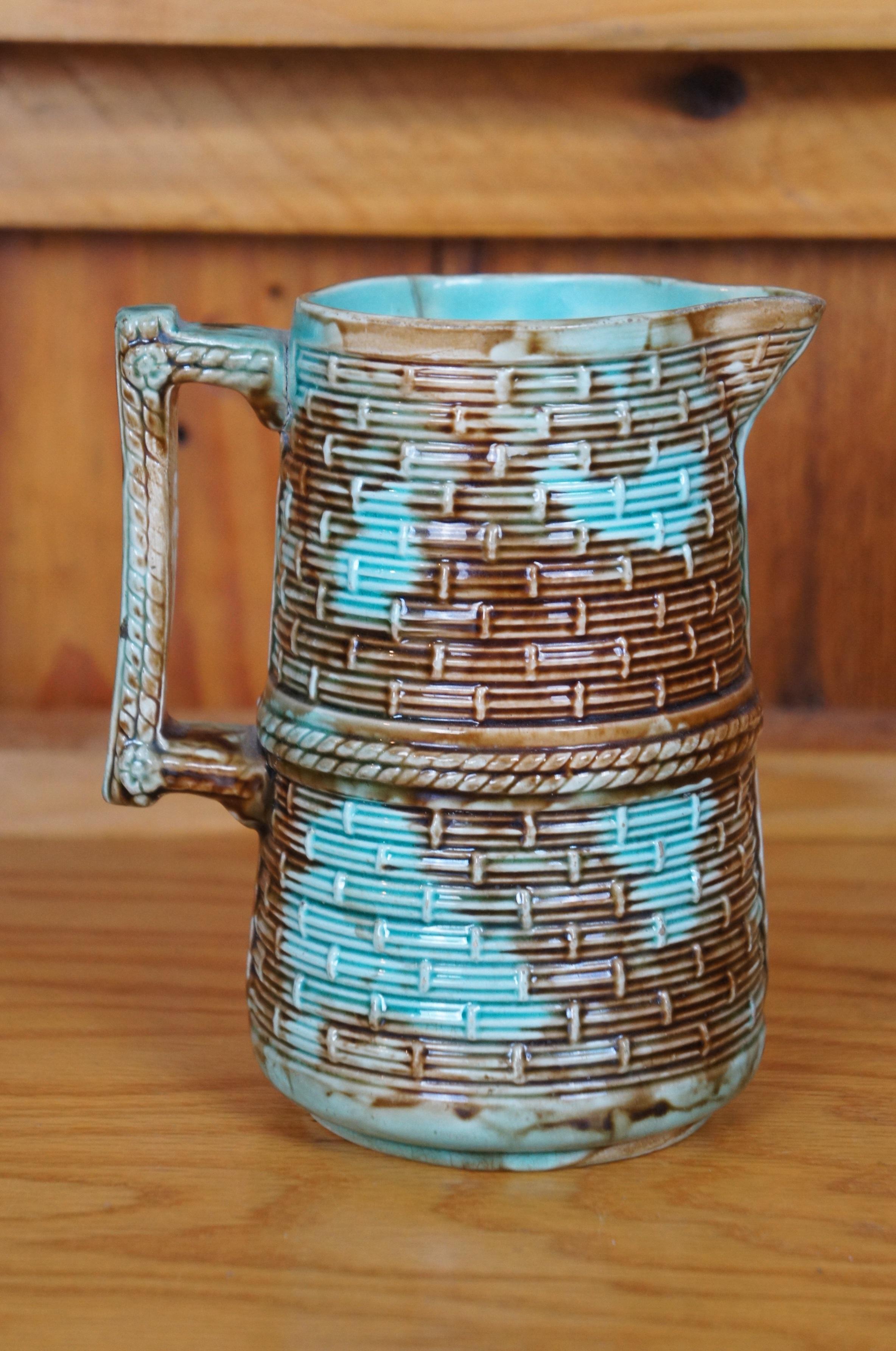 Antique Majolica Turquoise Blue Brown Basketweave Creamer Pitcher Jug 6