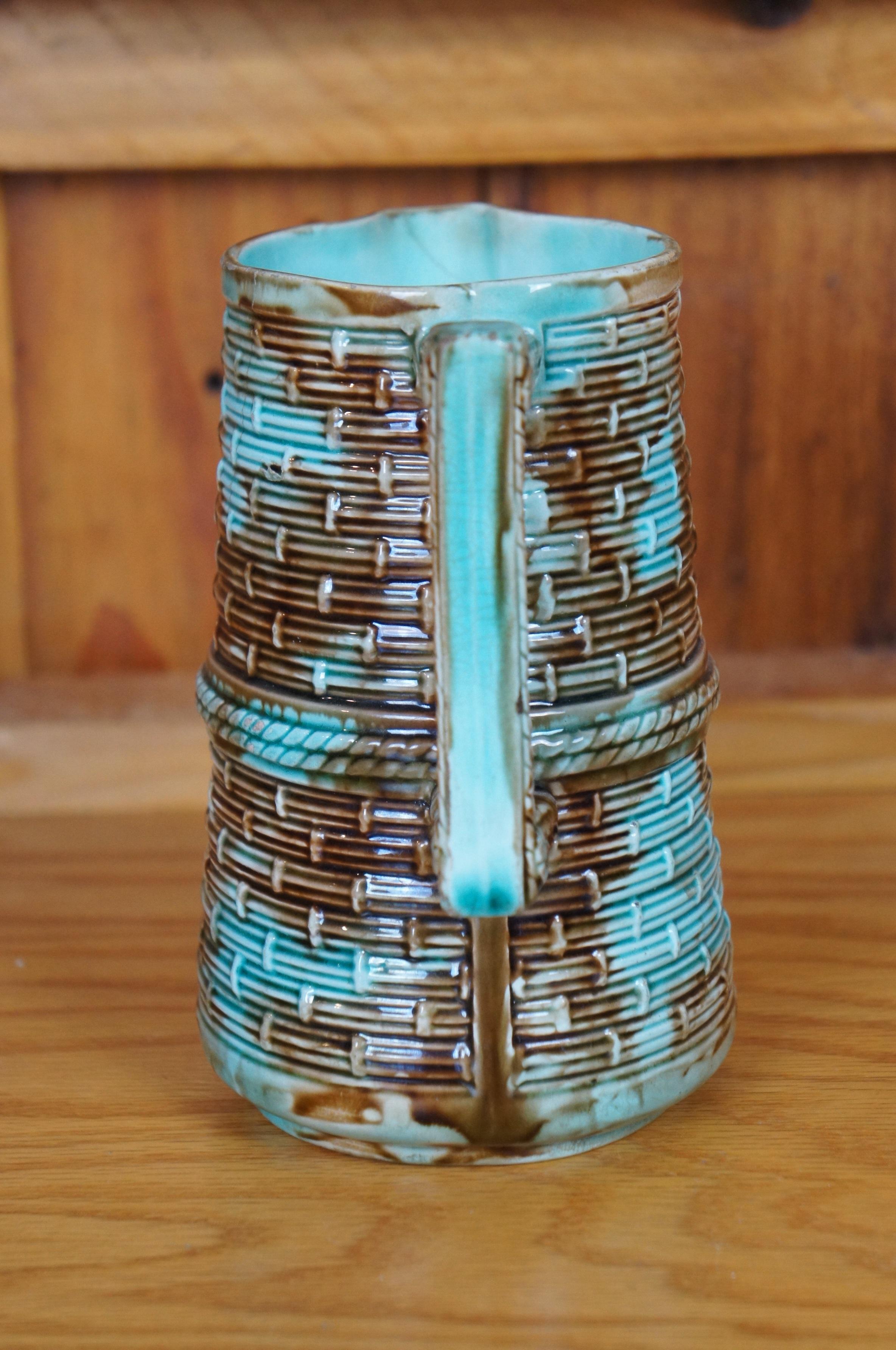 19th Century Antique Majolica Turquoise Blue Brown Basketweave Creamer Pitcher Jug 6