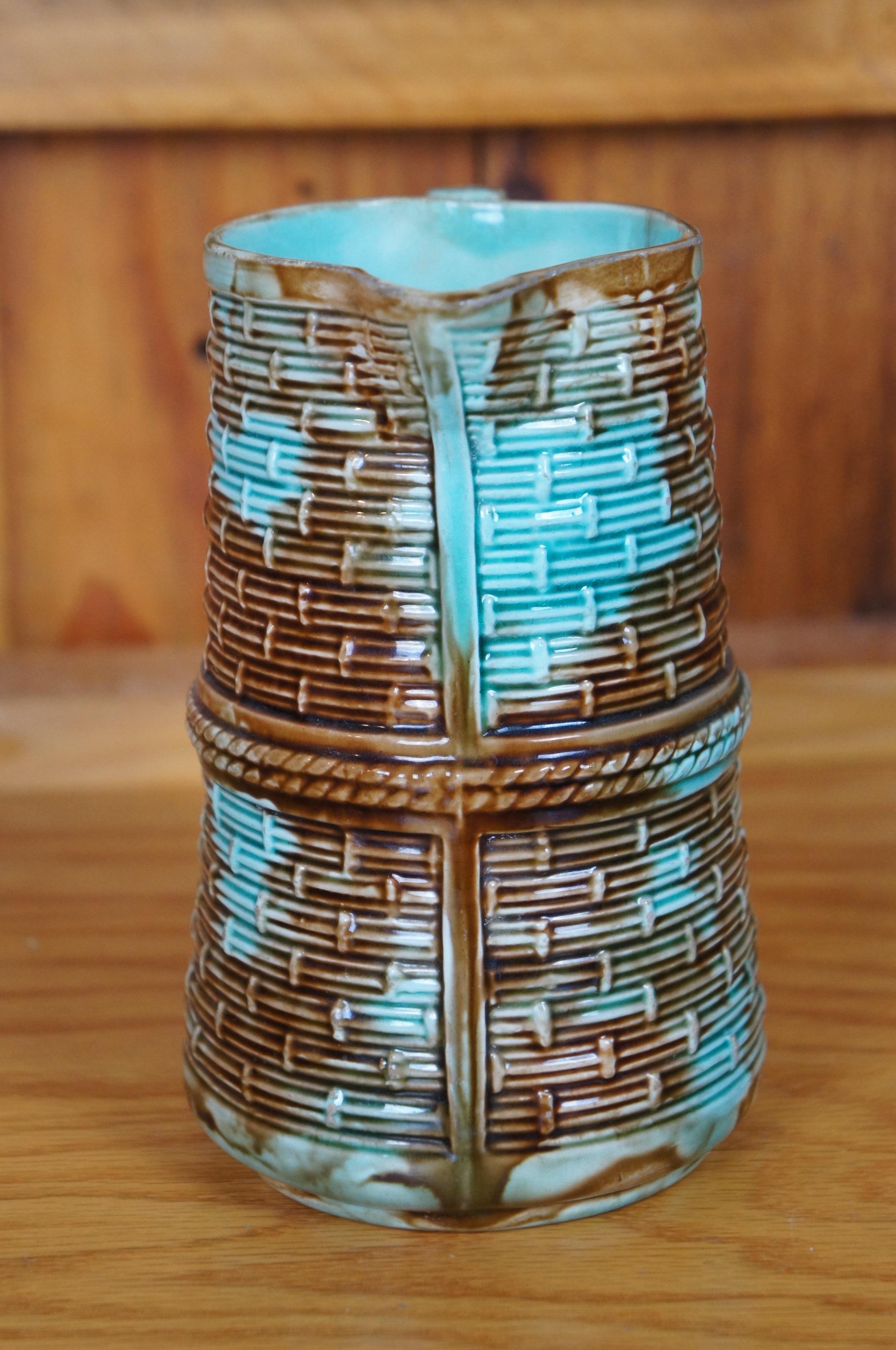 Antique Majolica Turquoise Blue Brown Basketweave Creamer Pitcher Jug 6