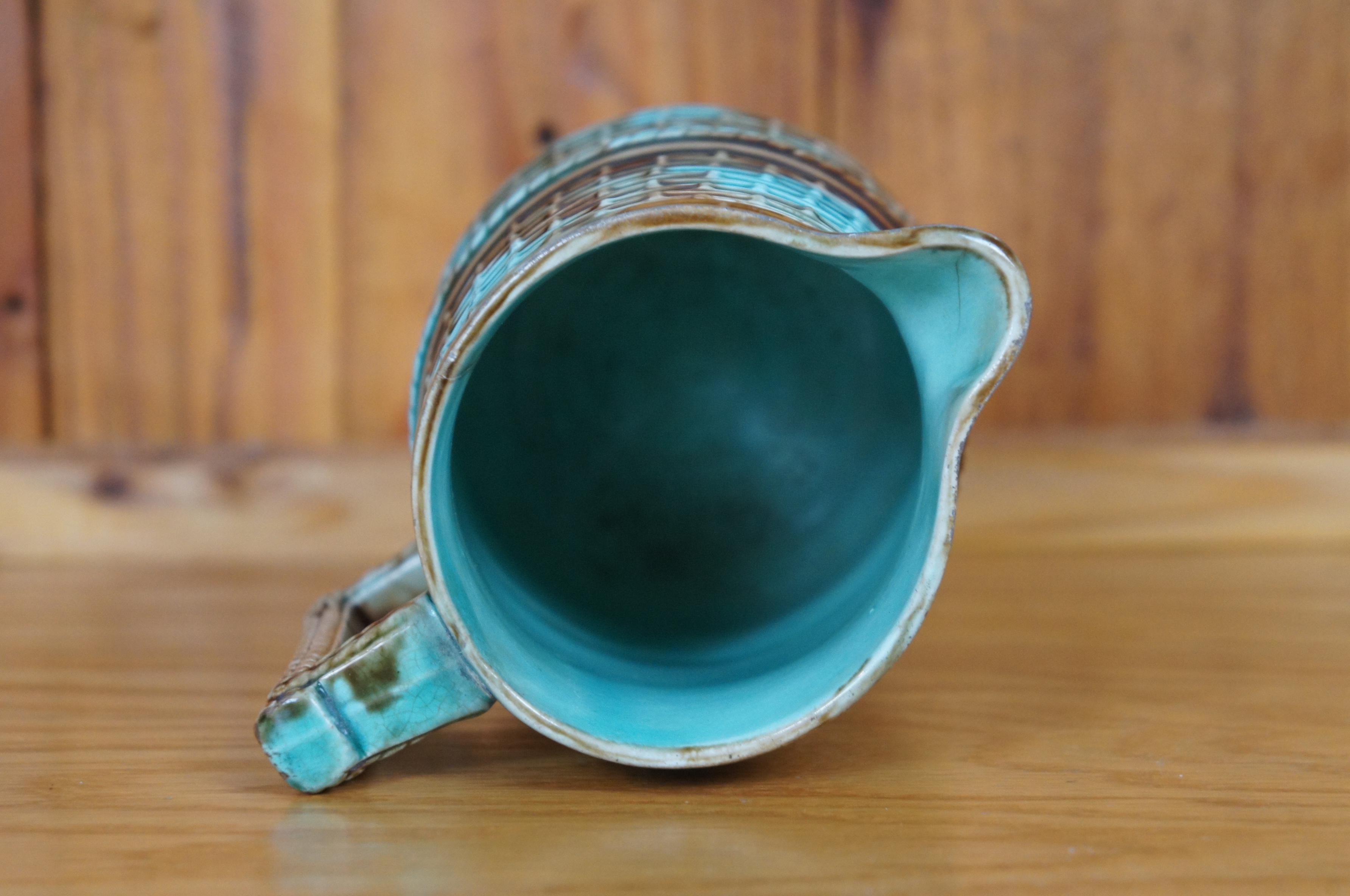 Antique Majolica Turquoise Blue Brown Basketweave Creamer Pitcher Jug 6