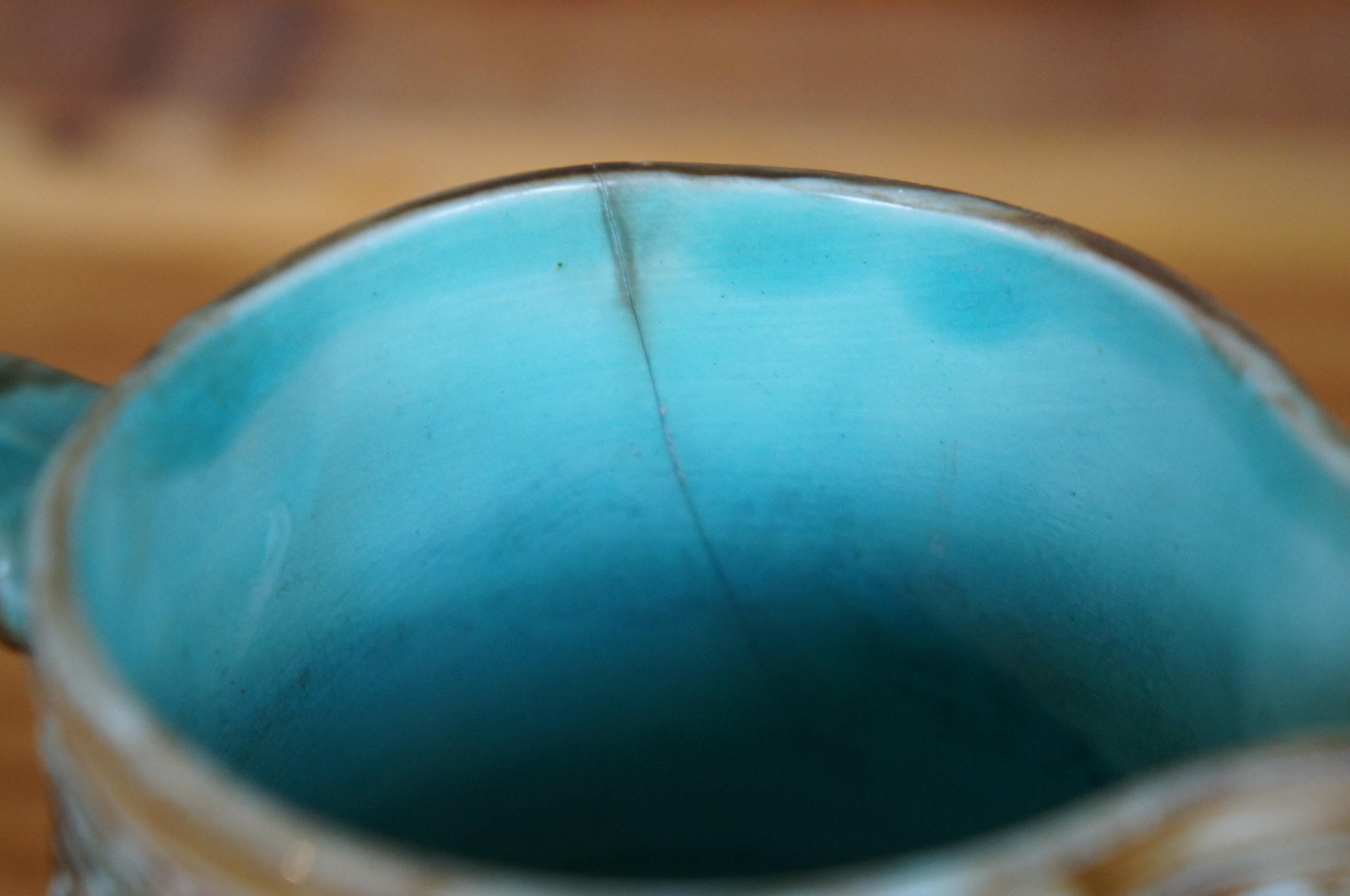 Antique Majolica Turquoise Blue Brown Basketweave Creamer Pitcher Jug 6