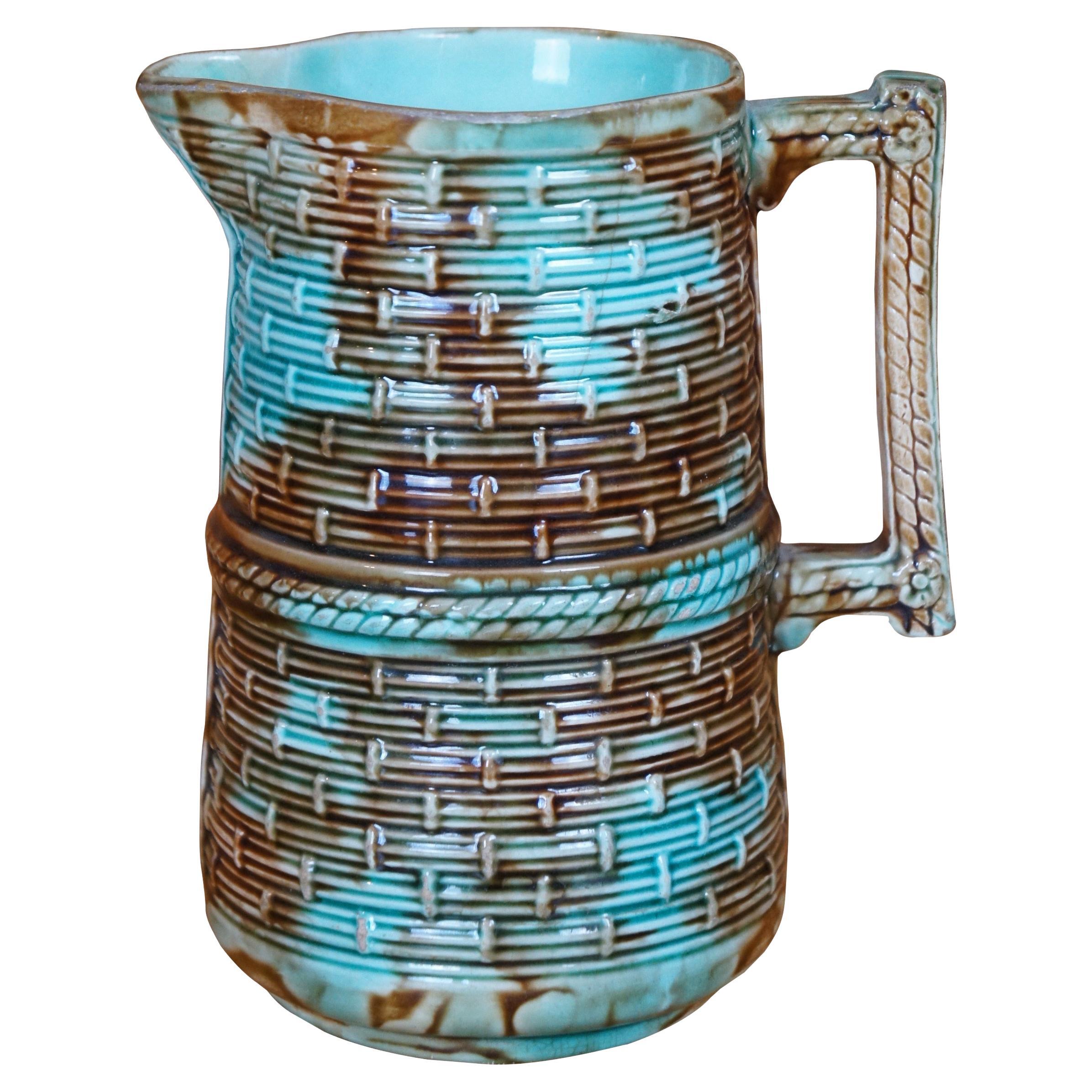 Antigua Majolica Azul Turquesa Marrón Tejido de Cestas Jarra Jarra de 6