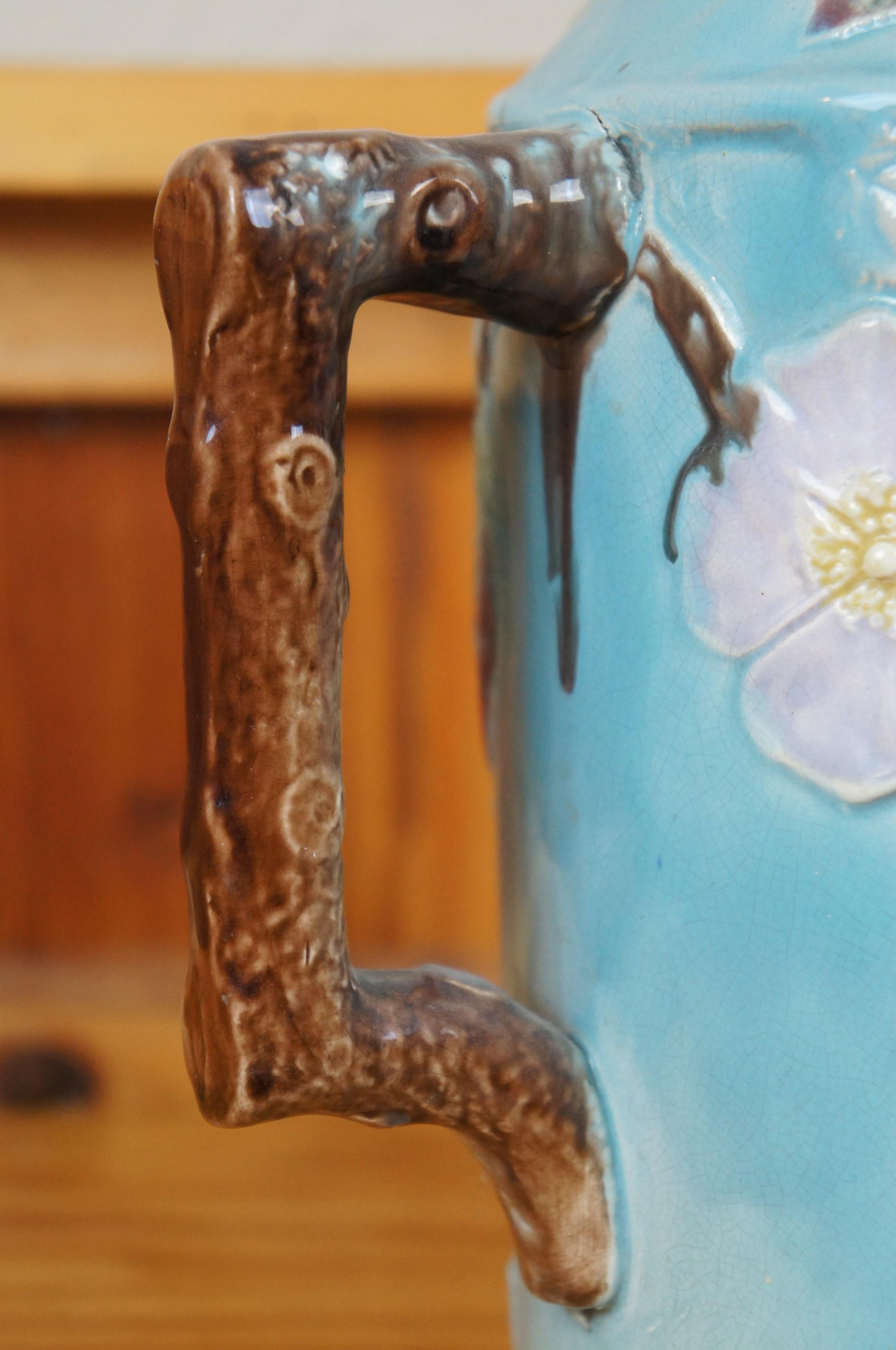 Antique Majolica Turquoise Blue French Barbotine Dog Rose Flower Pitcher Jug 10