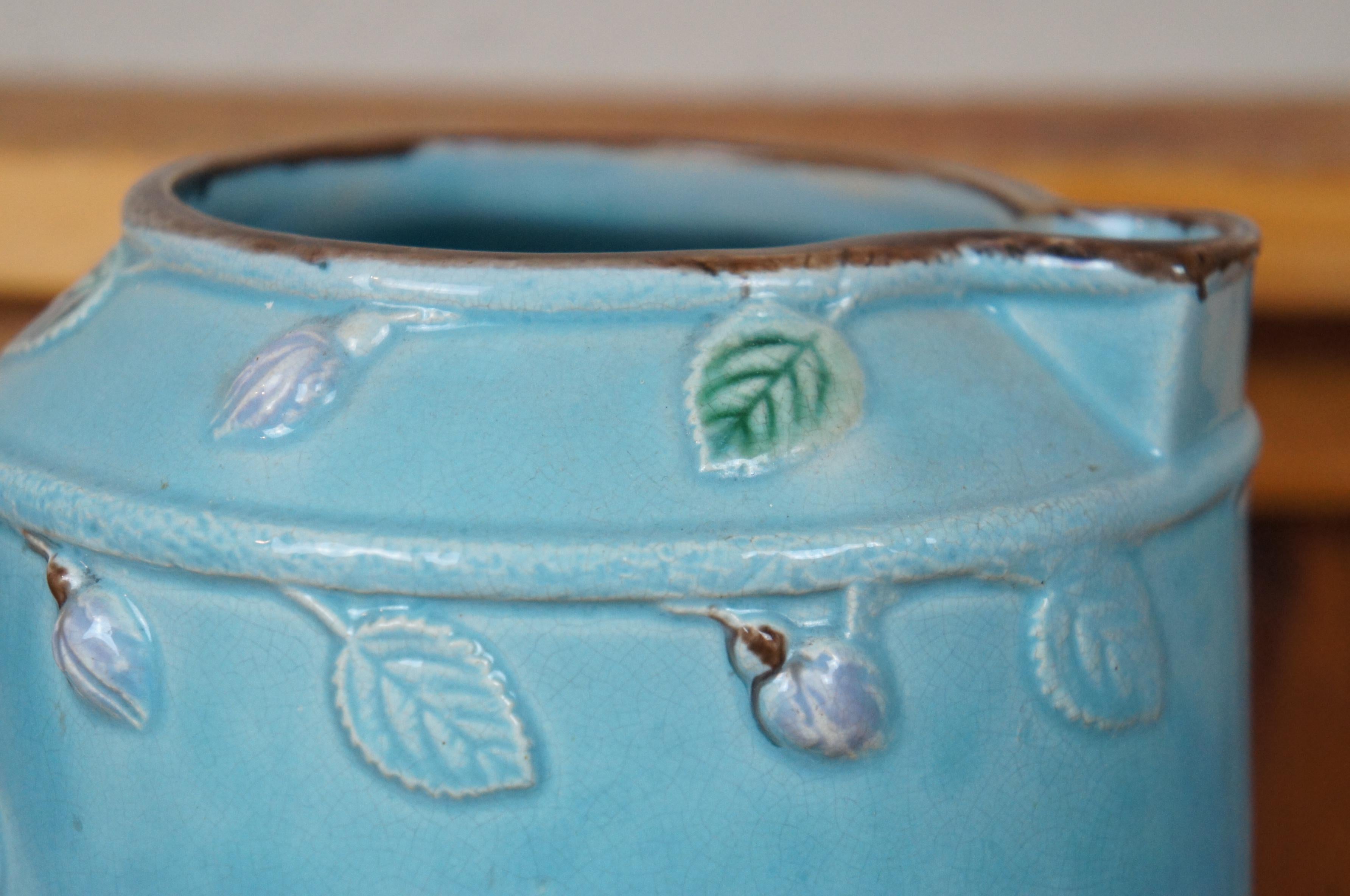 Antique Majolica Turquoise Blue French Barbotine Dog Rose Flower Pitcher Jug 10