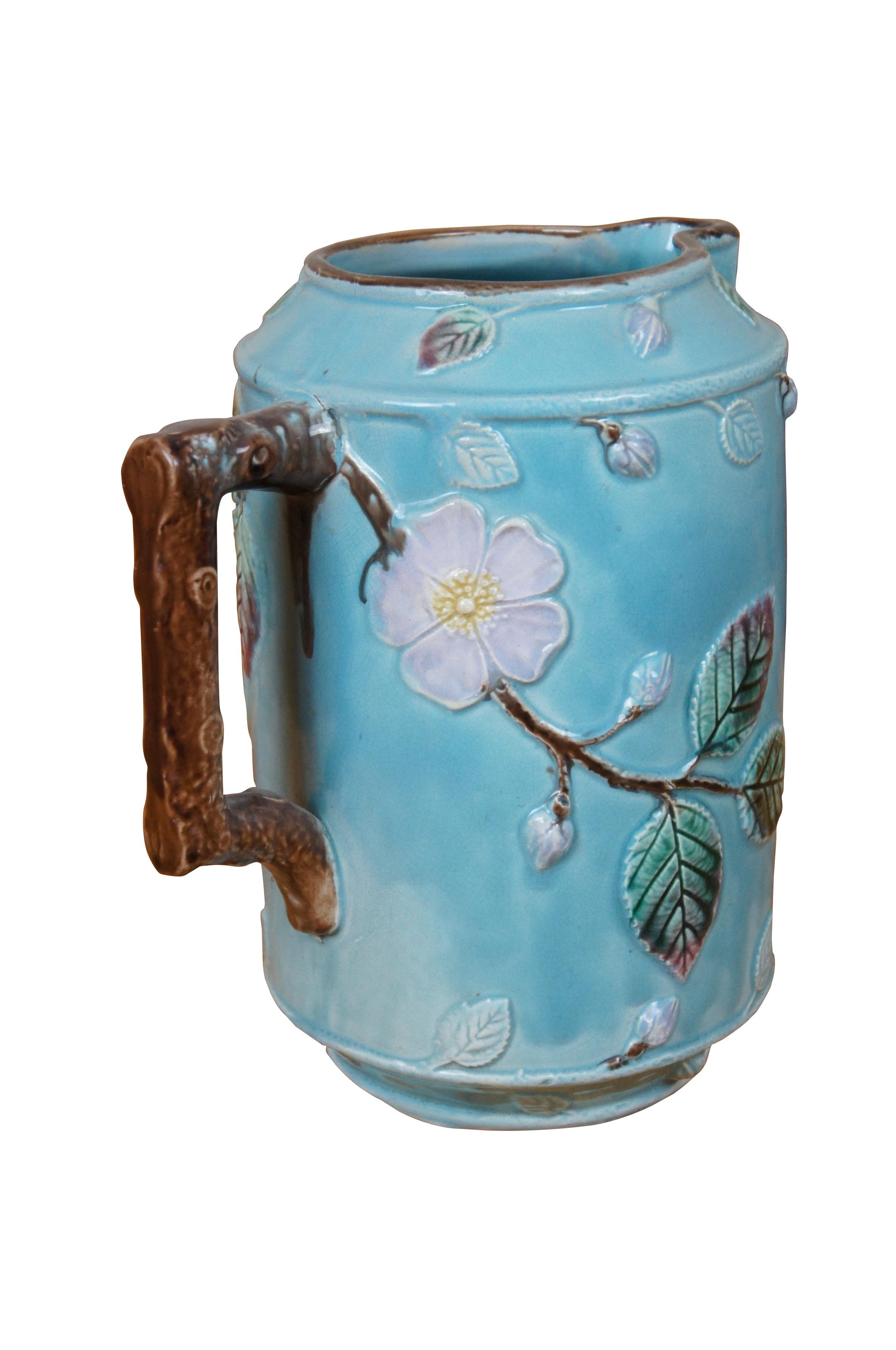 Victorien Antique Majolica Turquoise Blue French Barbotine Dog Rose Flower Pitcher Jug 10