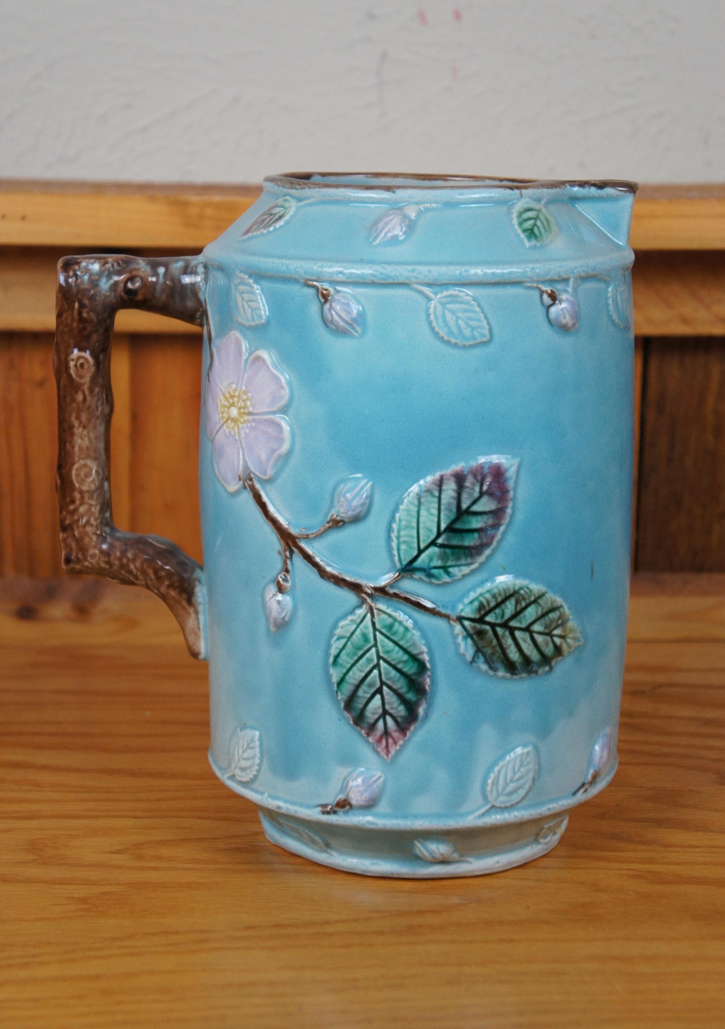 Antique Majolica Turquoise Blue French Barbotine Dog Rose Flower Pitcher Jug 10