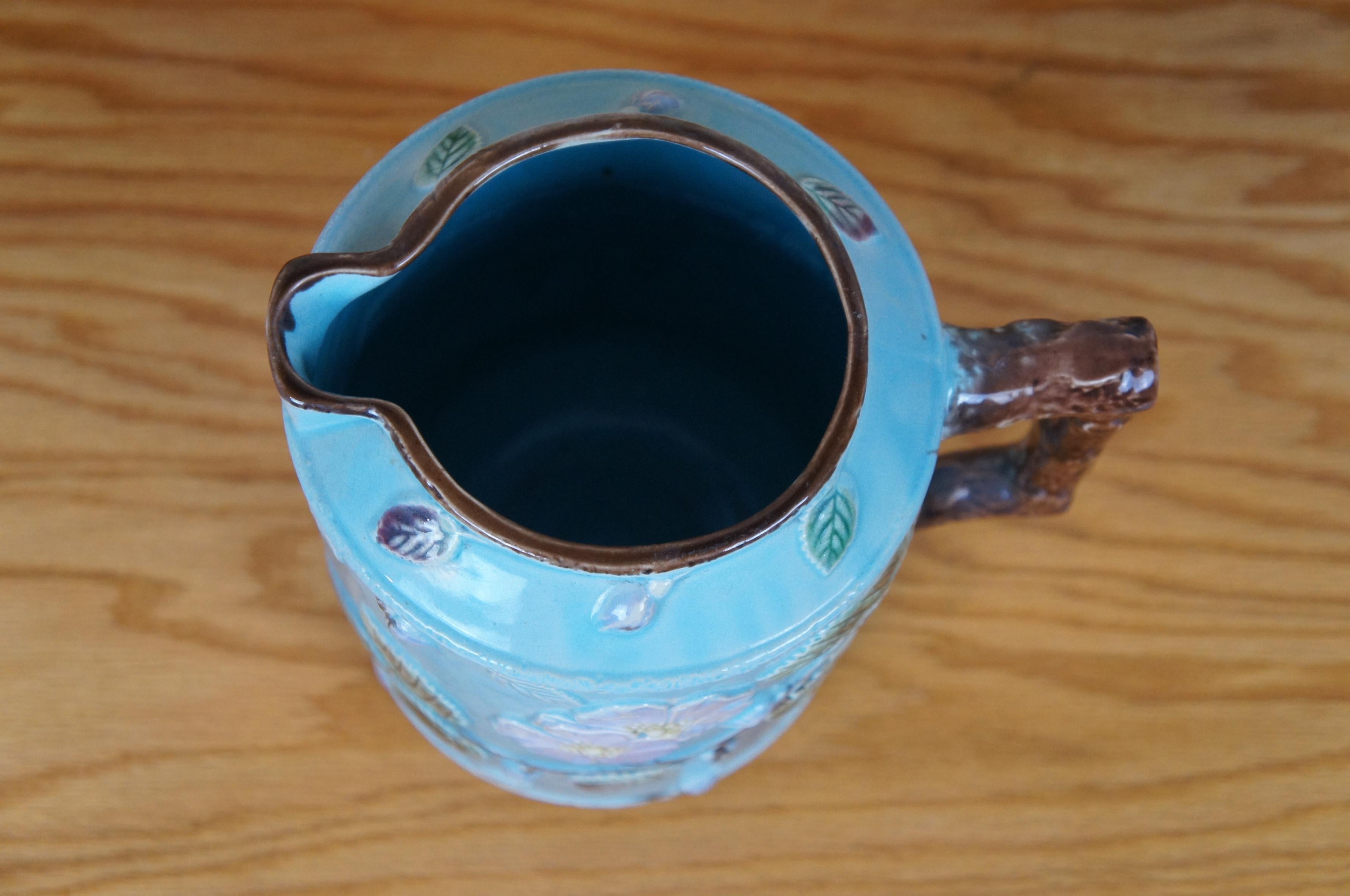 Majolique Antique Majolica Turquoise Blue French Barbotine Dog Rose Flower Pitcher Jug 10