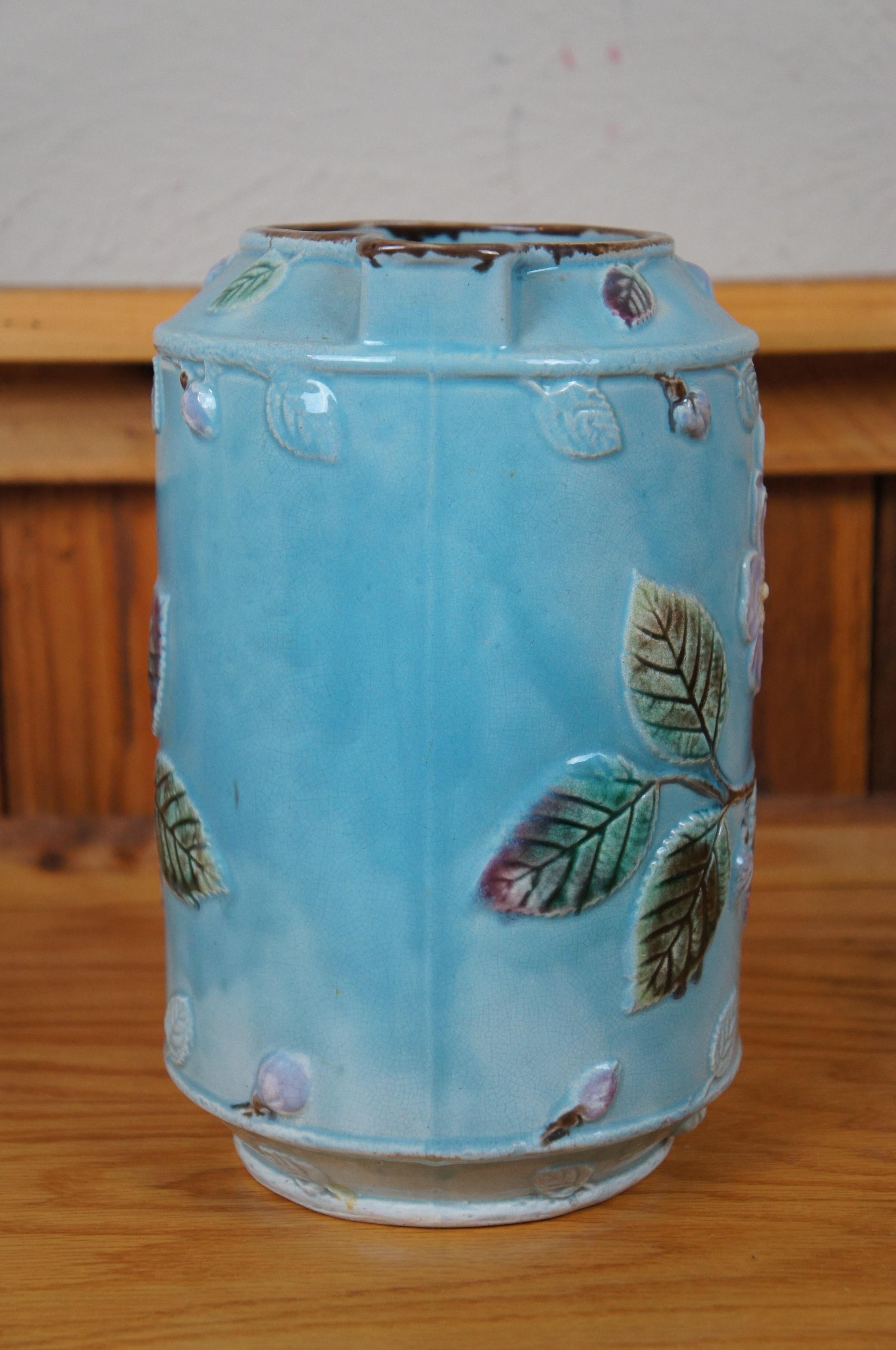 Antique Majolica Turquoise Blue French Barbotine Dog Rose Flower Pitcher Jug 10