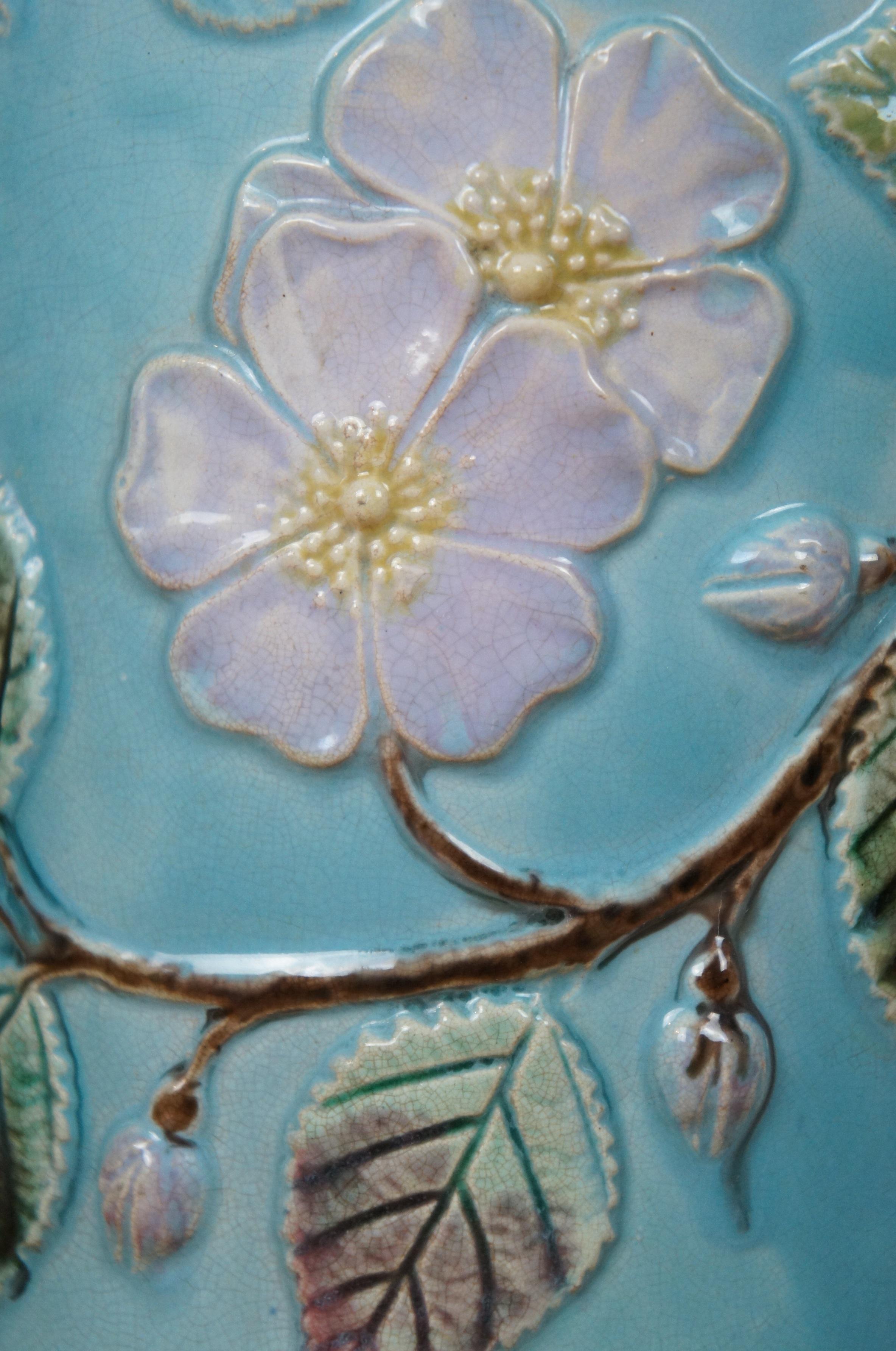 Antique Majolica Turquoise Blue French Barbotine Dog Rose Flower Pitcher Jug 10