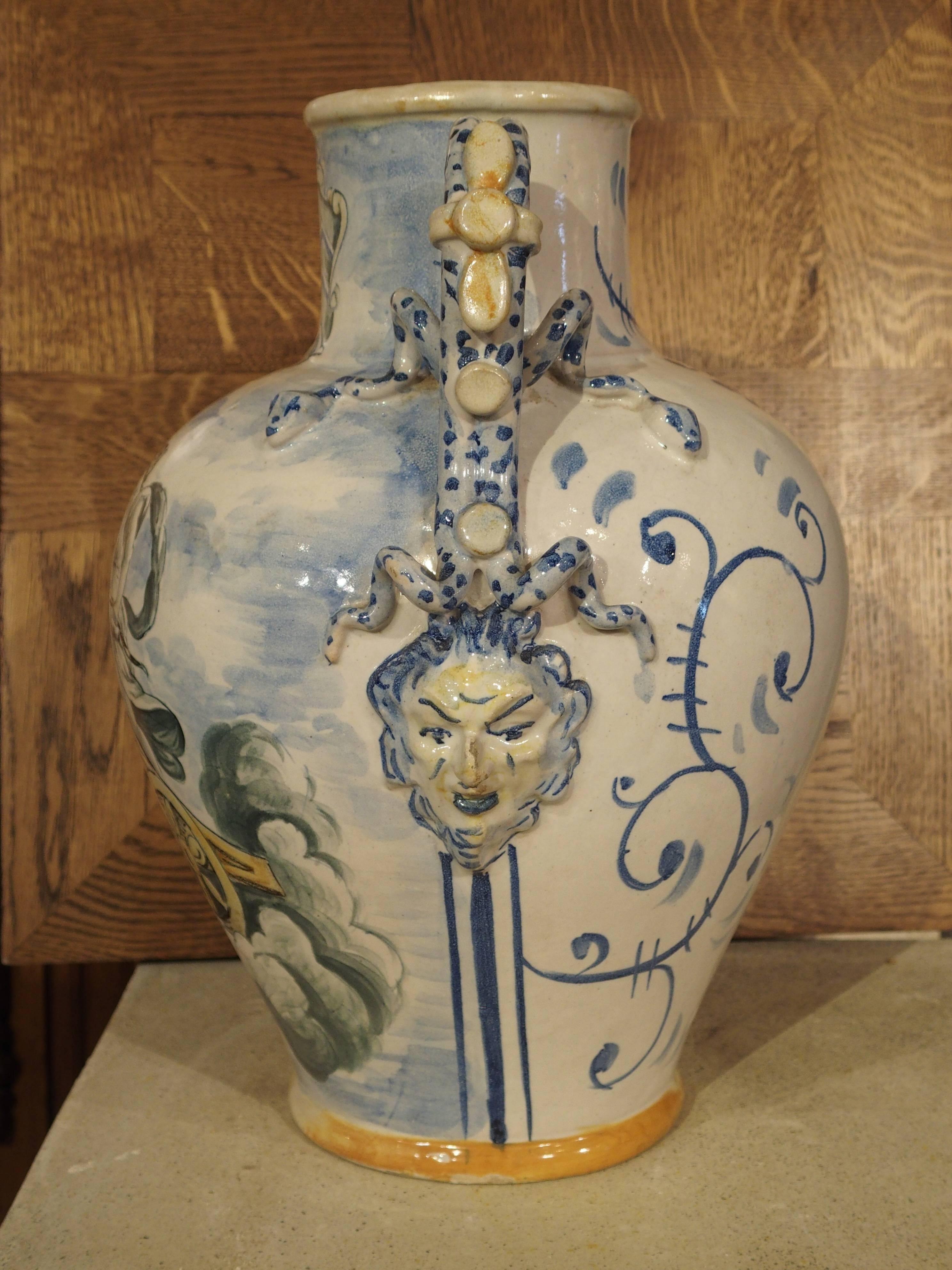 Hand-Painted Antique Majolica Urn from Italy, 19th Century