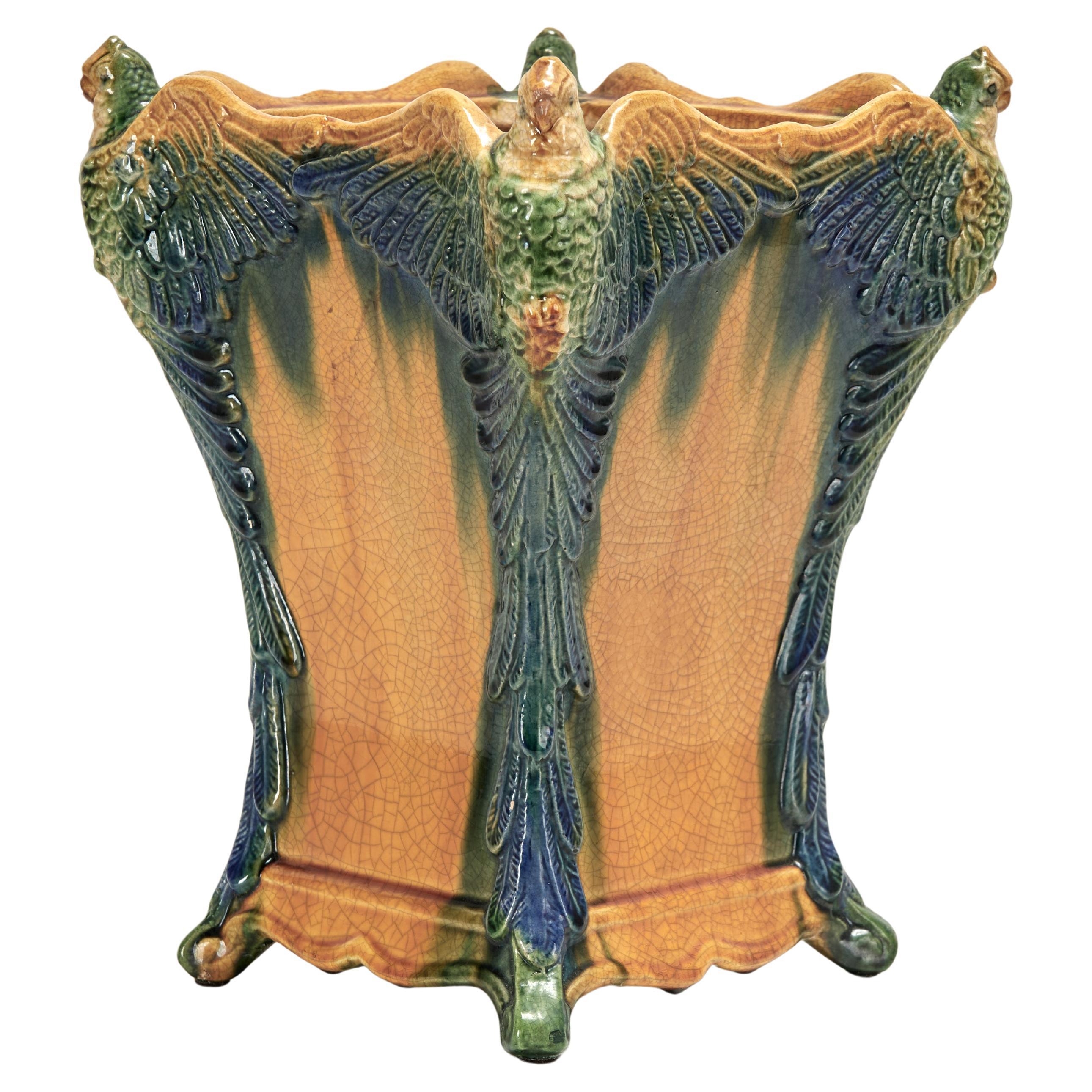 Antique Majolica Vase or Vessel with Birds For Sale