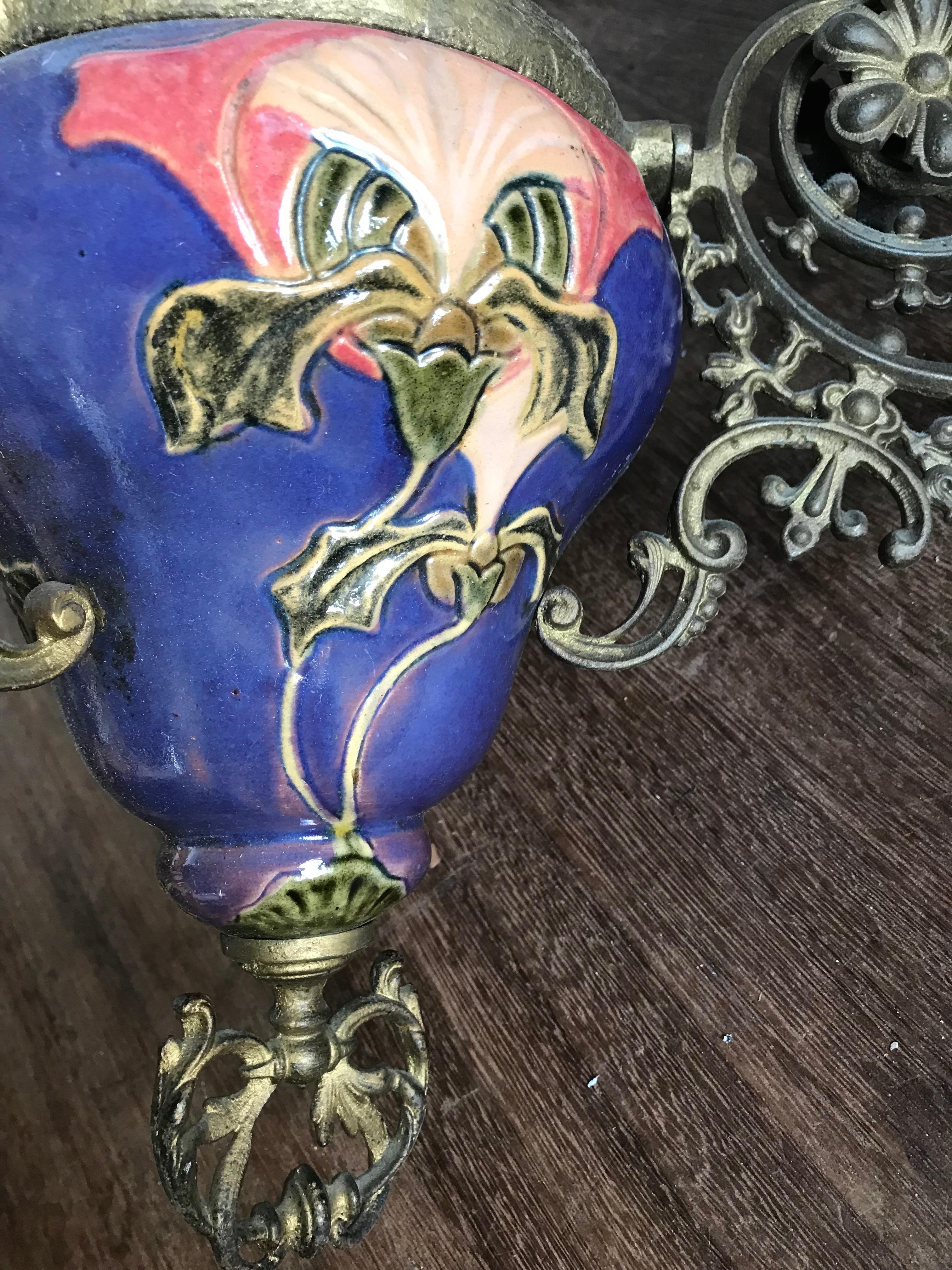 Antique Majolica Vessel and Opaline Shade Oil Lamp/Adjustable Figural Chandelier 4