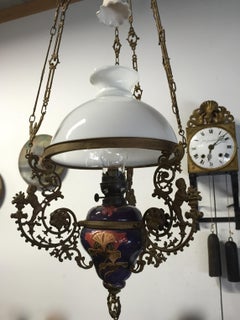 Antique Majolica Vessel and Opaline Shade Oil Lamp/Adjustable Figural Chandelier