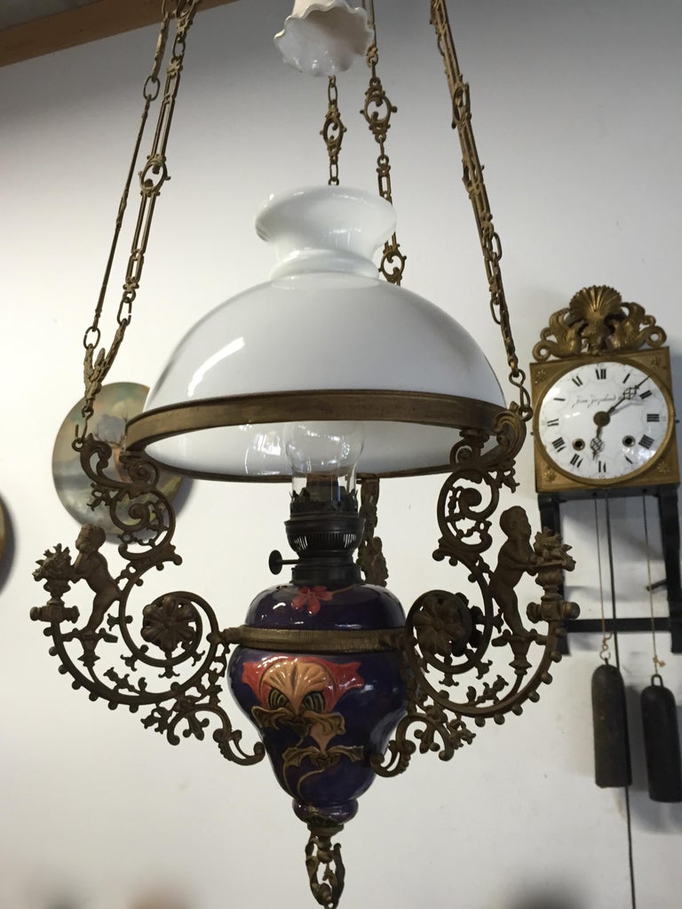 Antique Majolica Vessel and Opaline Shade Oil Lamp/Adjustable Figural