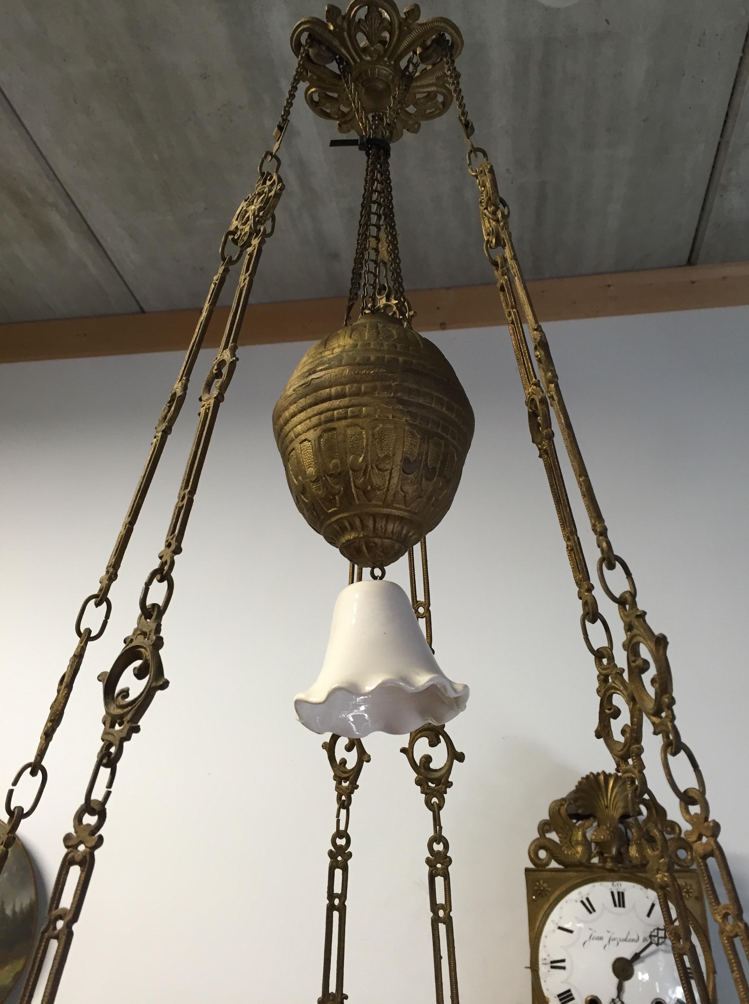 European Antique Majolica Vessel and Opaline Shade Oil Lamp/Adjustable Figural Chandelier