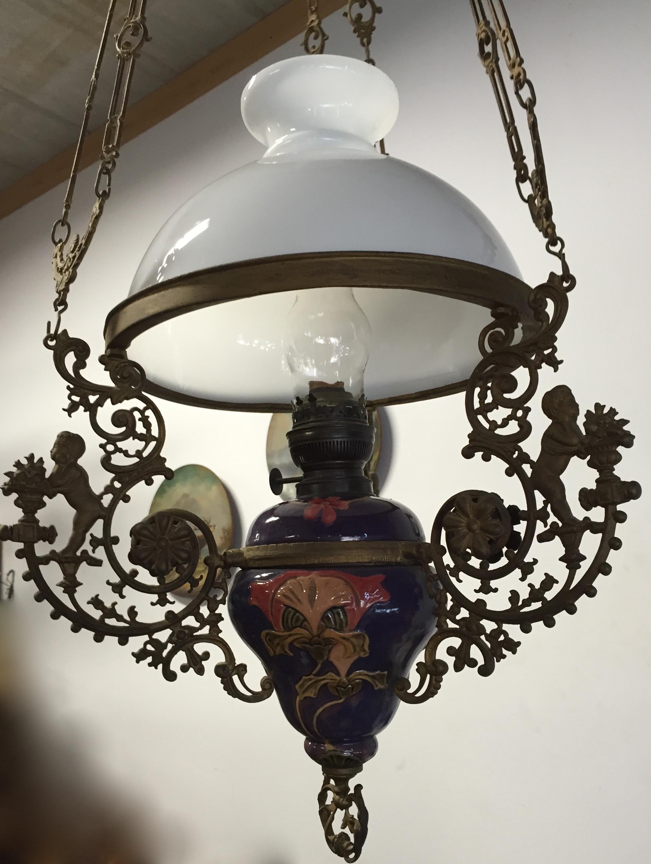 20th Century Antique Majolica Vessel and Opaline Shade Oil Lamp/Adjustable Figural Chandelier