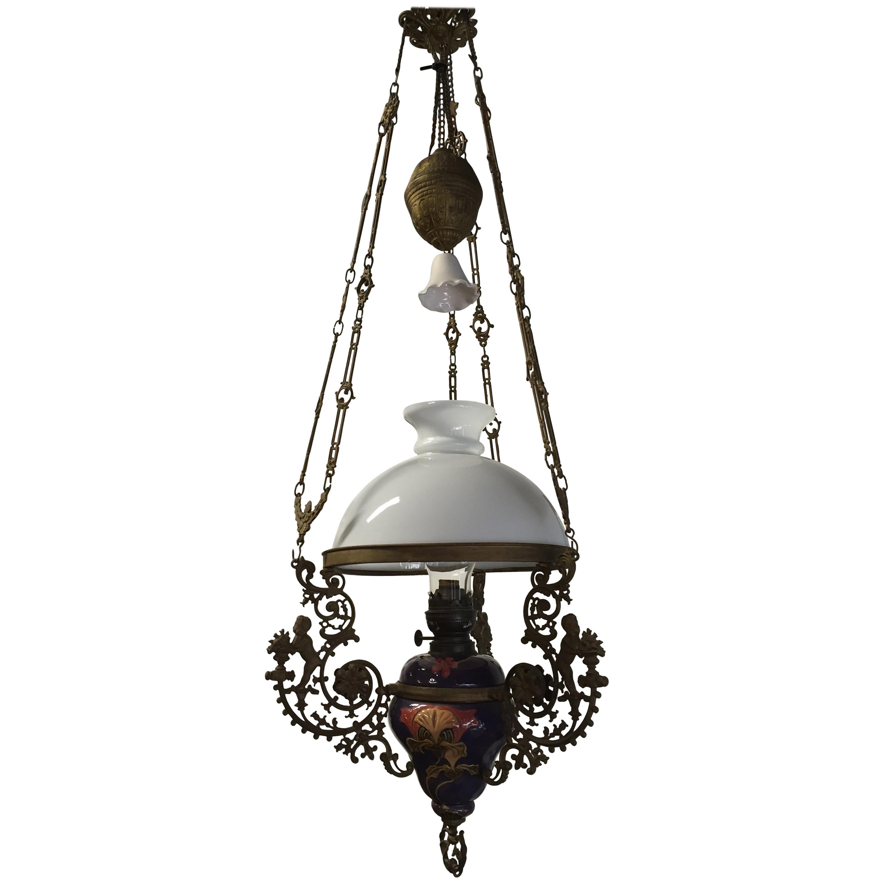 Antique Majolica Vessel and Opaline Shade Oil Lamp/Adjustable Figural Chandelier