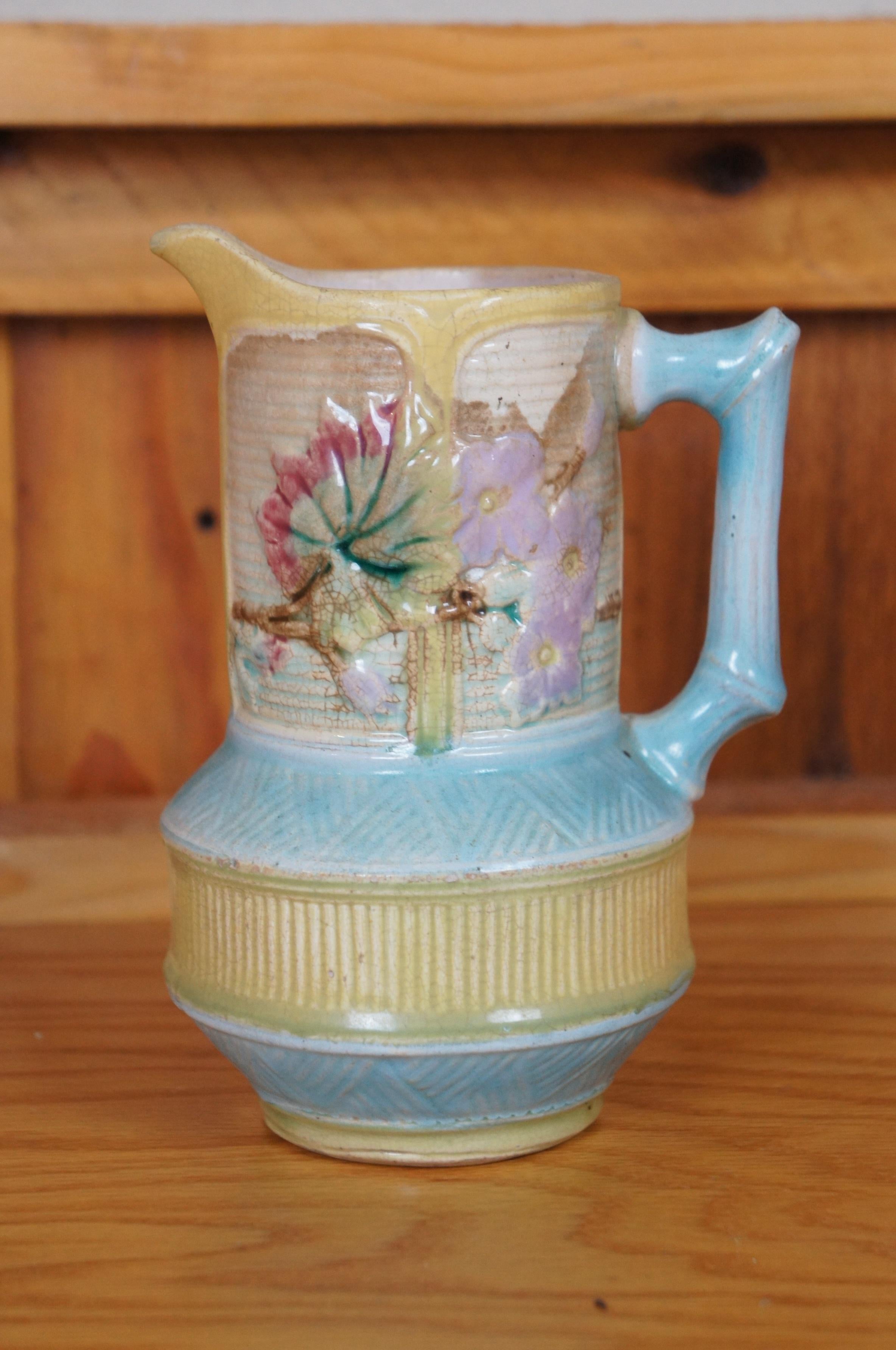 Antico Wardle Majolica Bamboo Basketweave Dogwood Flower Brocca 7