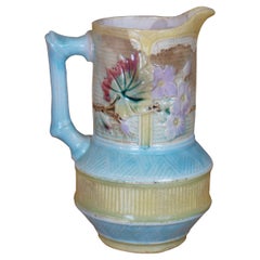 Antique Majolica Wardle Bamboo Basketweave Dogwood Flower Pitcher Jug 7"