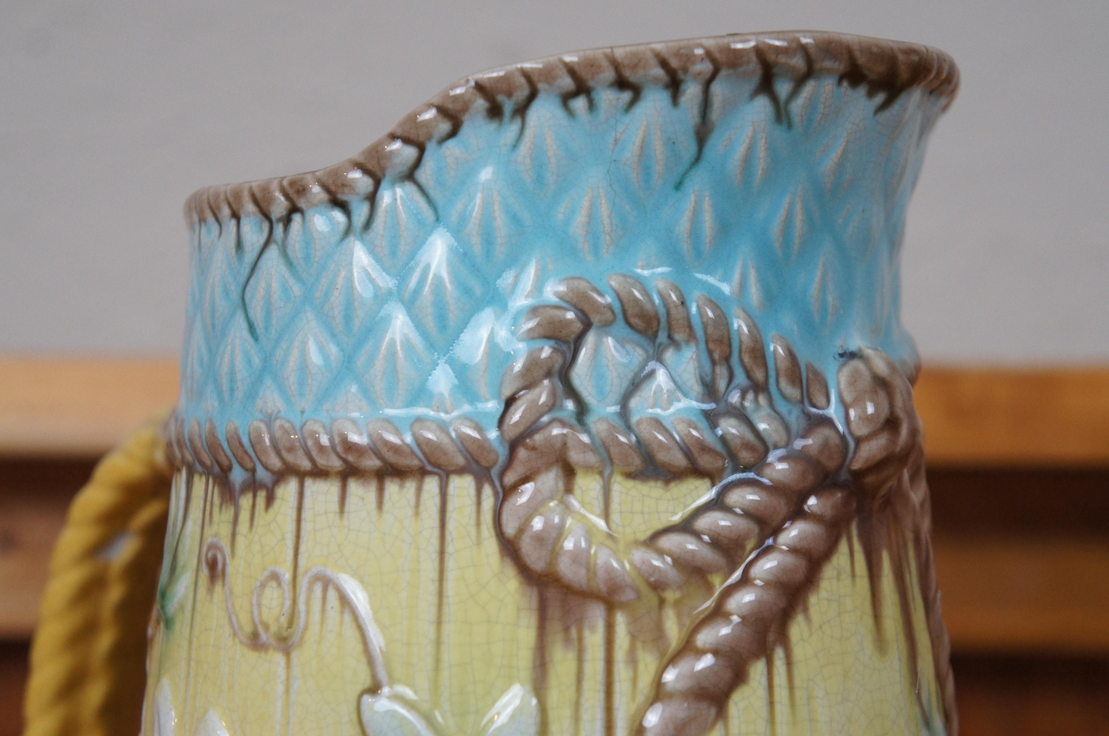Antico Wardle Majolica Floral Passion Flower Pineapple Rope Bow Pitcher Jug 11