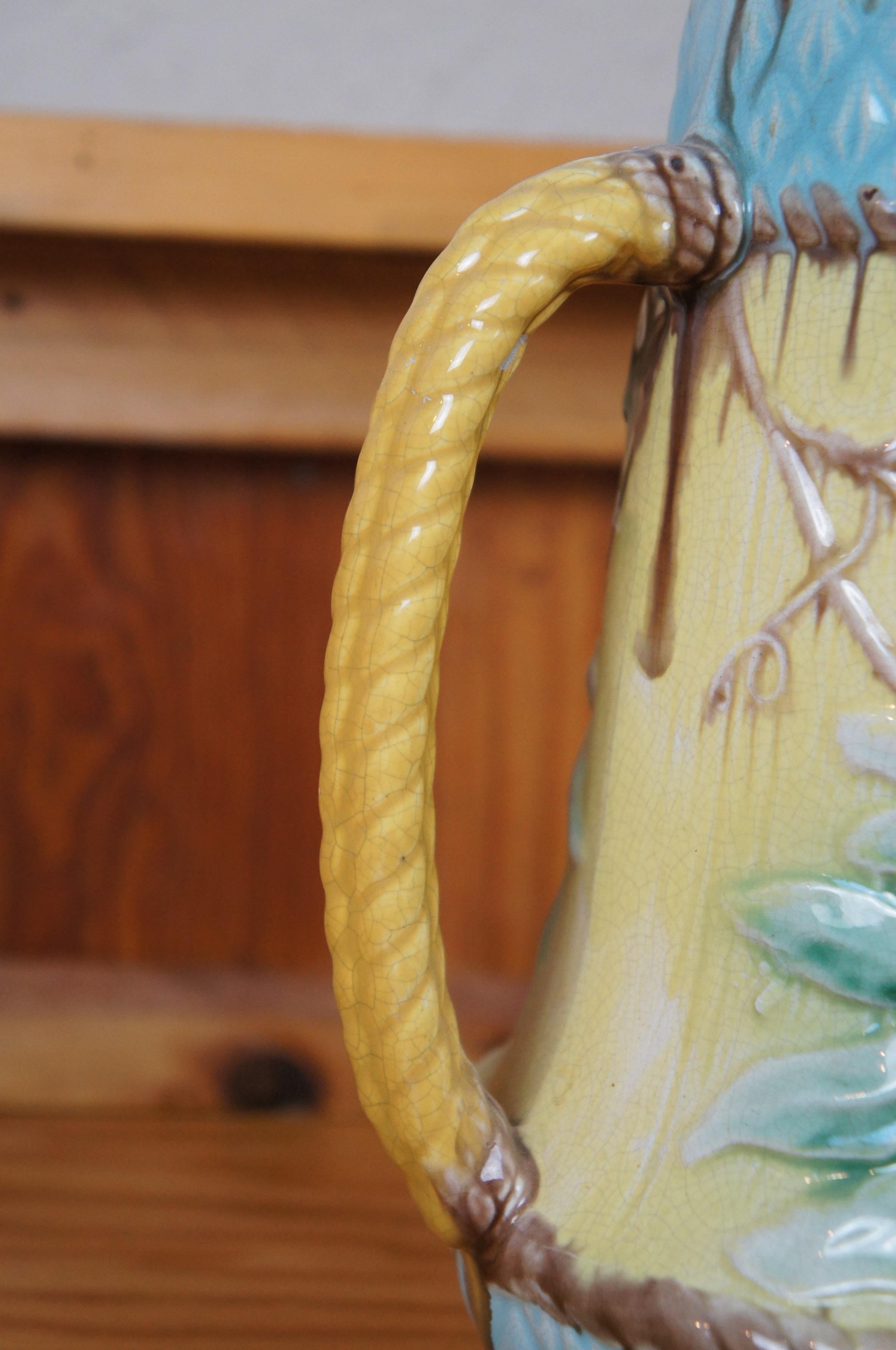 Antico Wardle Majolica Floral Passion Flower Pineapple Rope Bow Pitcher Jug 11