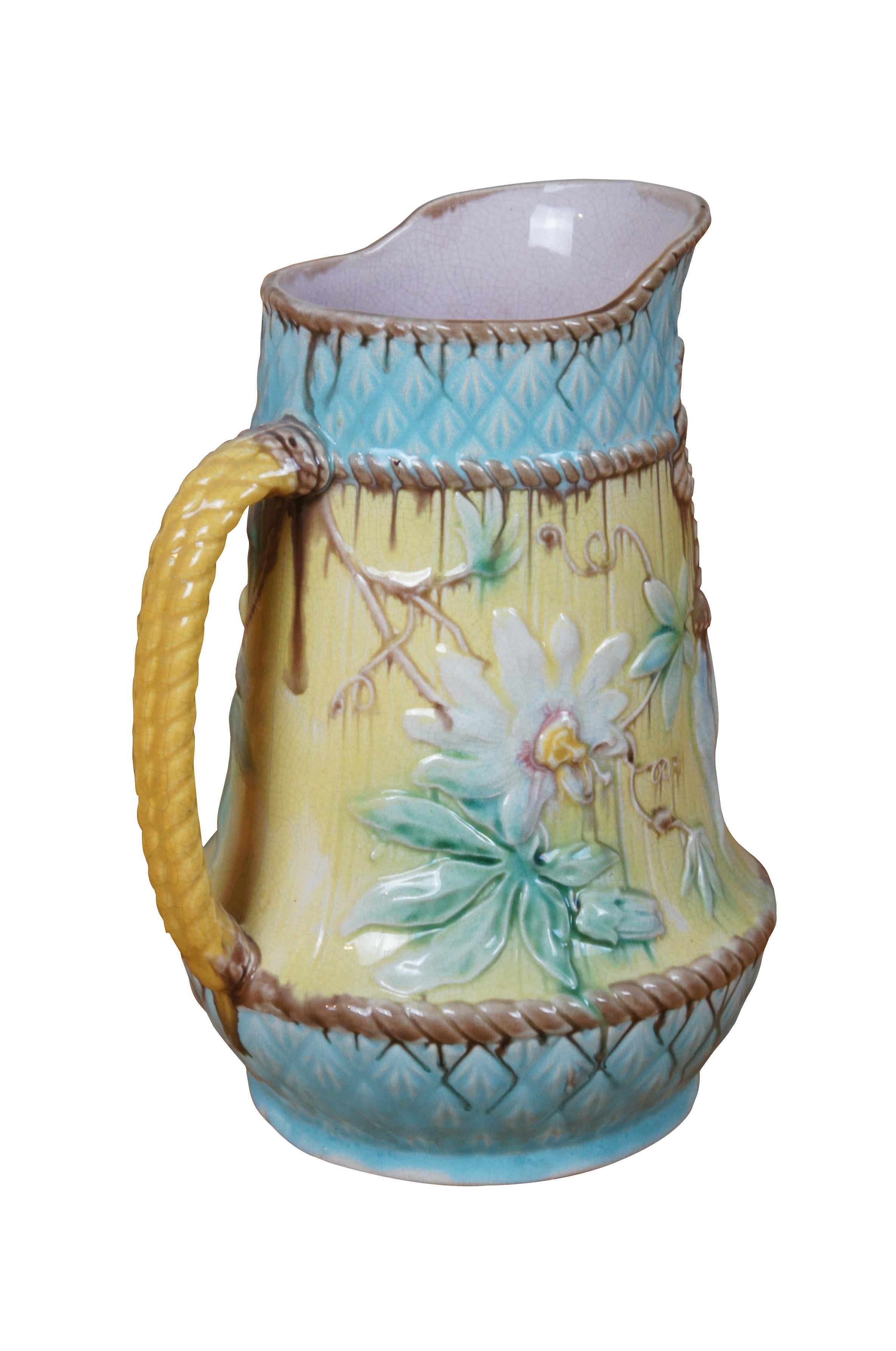 Vittoriano Antico Wardle Majolica Floral Passion Flower Pineapple Rope Bow Pitcher Jug 11