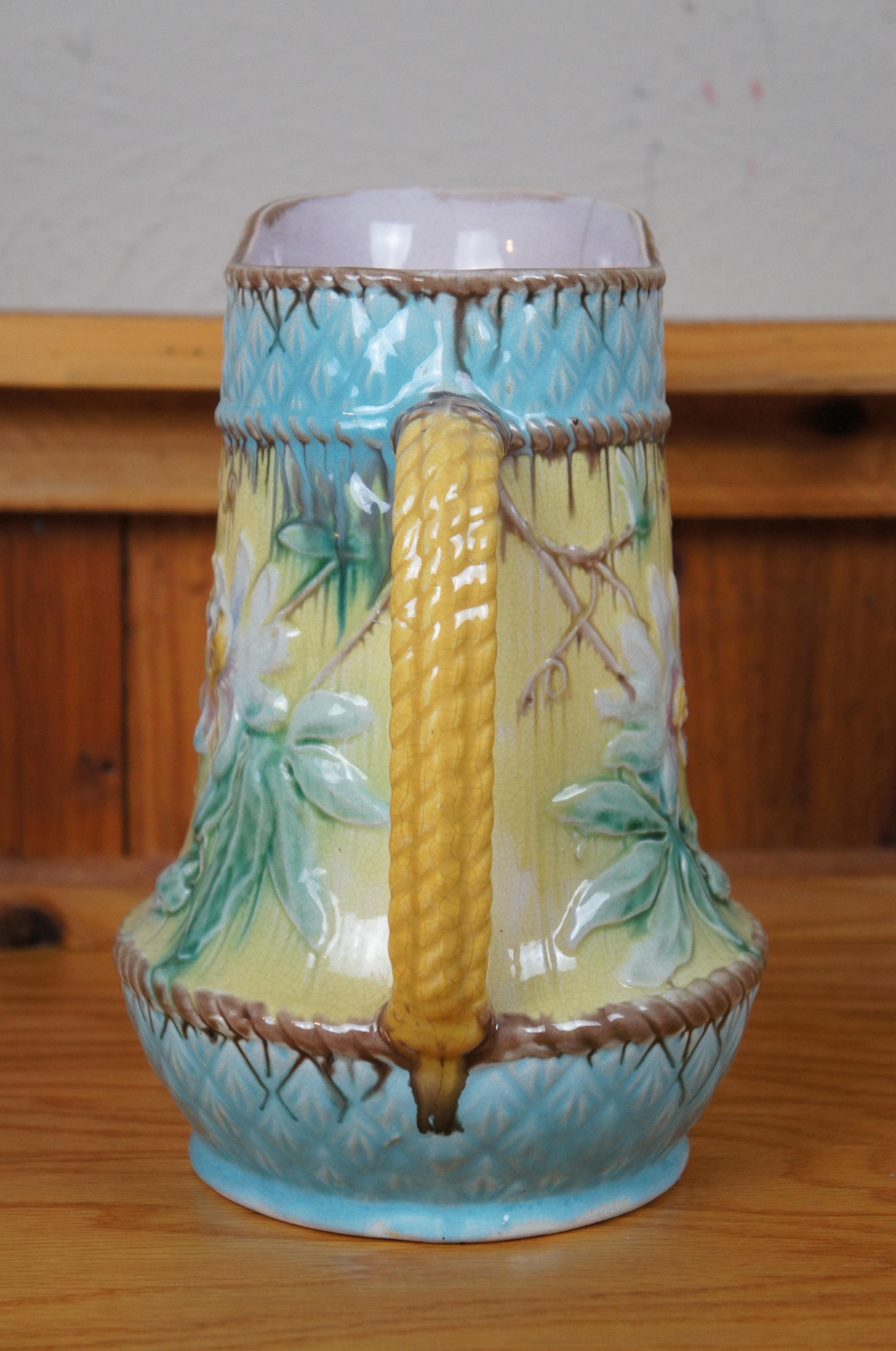 XIX secolo Antico Wardle Majolica Floral Passion Flower Pineapple Rope Bow Pitcher Jug 11