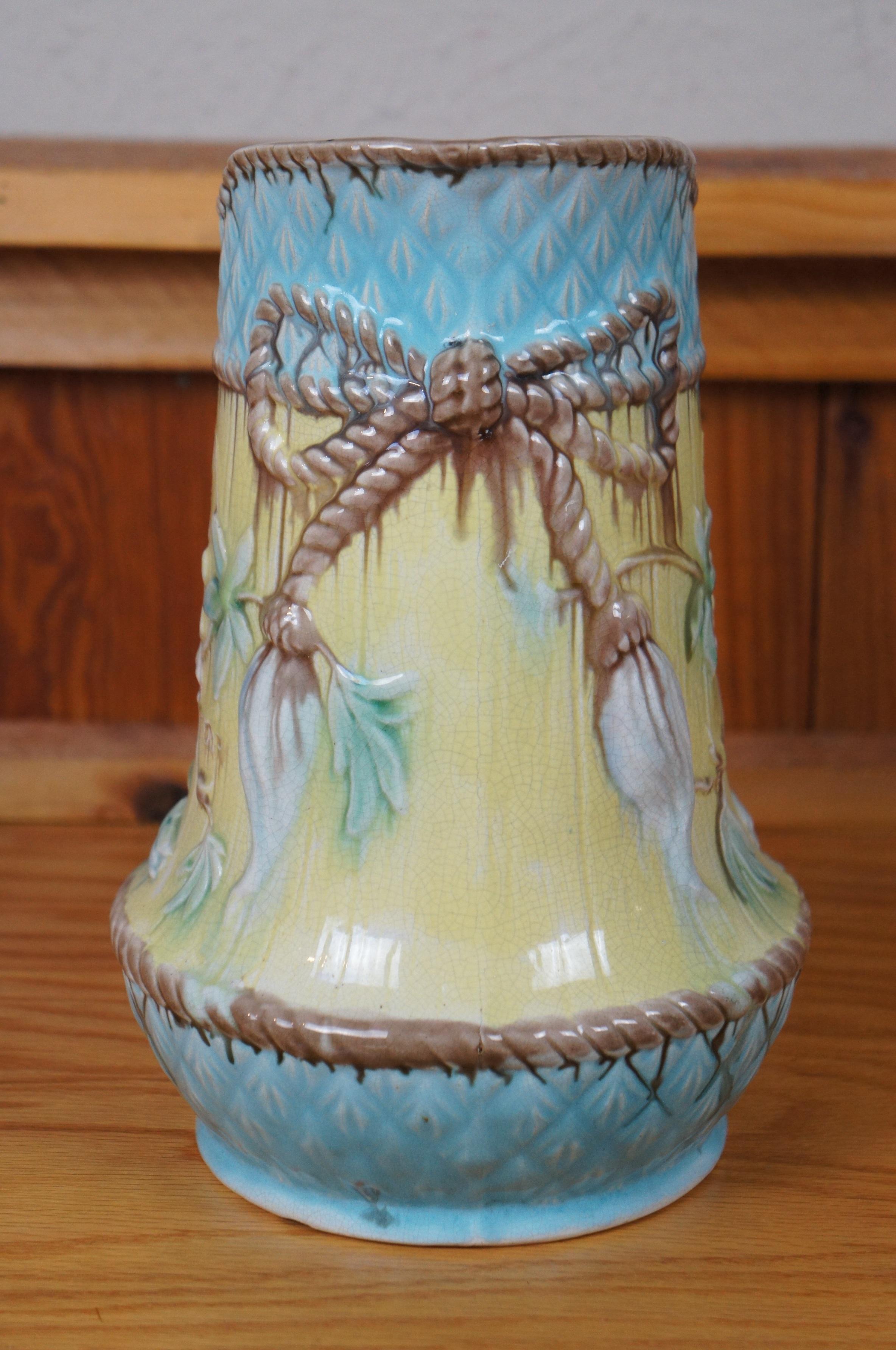 Antico Wardle Majolica Floral Passion Flower Pineapple Rope Bow Pitcher Jug 11