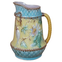 Antico Wardle Majolica Floral Passion Flower Pineapple Rope Bow Pitcher Jug 11"
