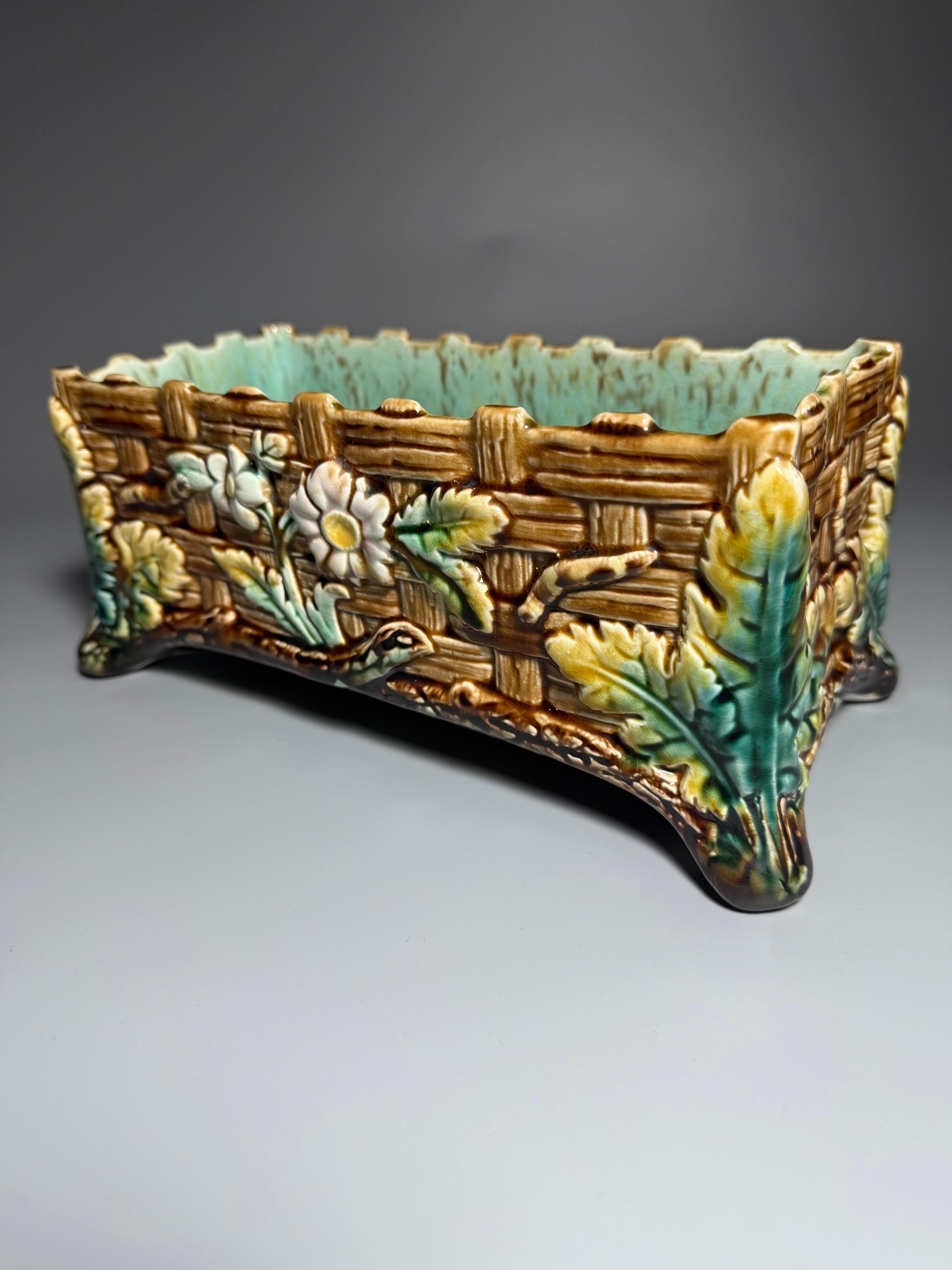 Rare piece of Swedish majolica Rörstrand 

Antique Swedish Majolica  Jardinière
Cache Pot Planter. 
Direct from Sweden, a beautiful antique 19th century  majolica jardinière or cache pot! The cache pot is an elegant rectangular  shape with amazing