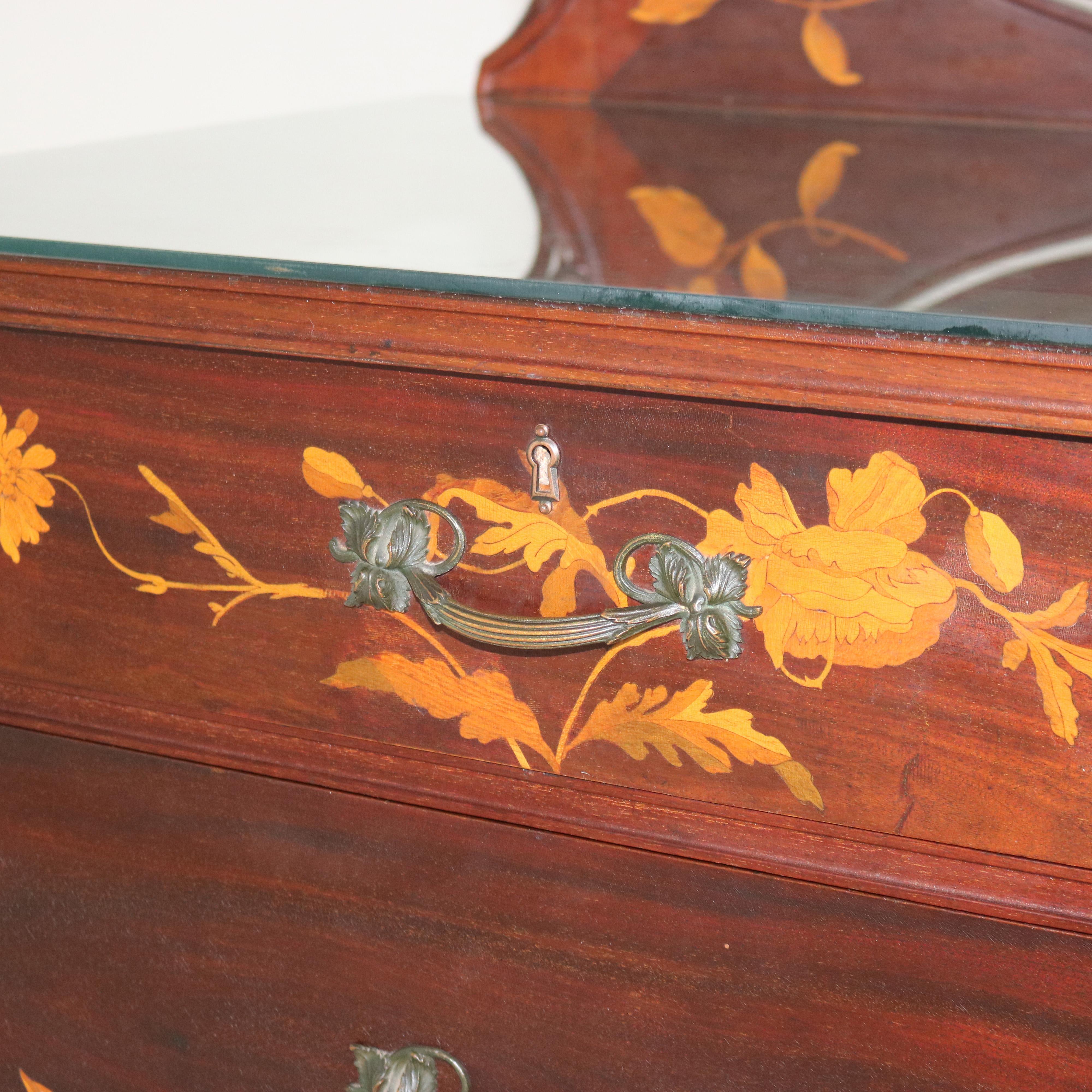 Carved Antique Majorelle/Galle Art Nouveau Mahogany & Satinwood Marquetry Dresser c1900