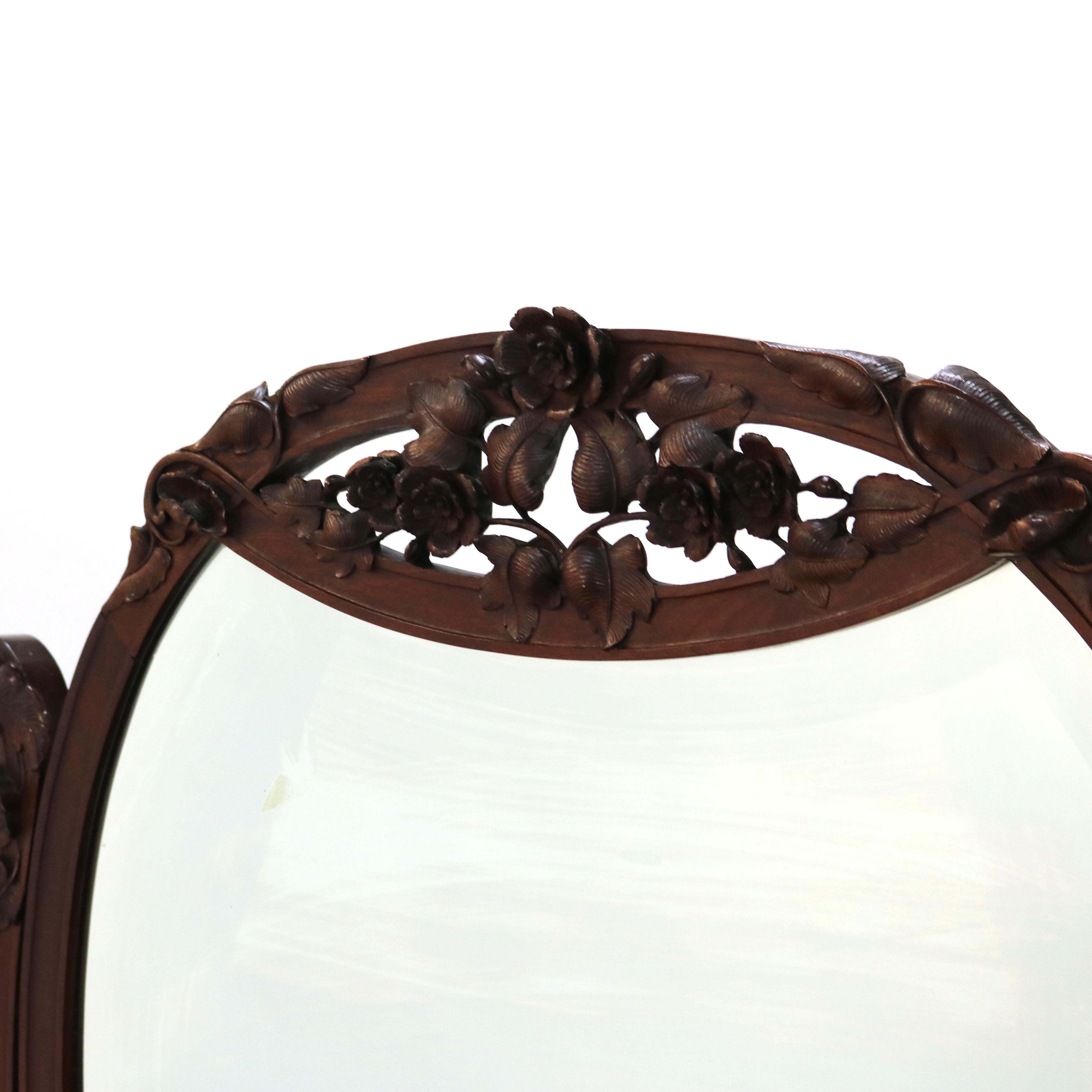 Antike Majorelle oder Galle attr. Art Nouveau Mahagoni mit Intarsien aus Satinholz verspiegelter Frisiertisch oder Eitelkeit mit geschnitztem und netzartigem Blumenwappen, Blumen- und Blattwerkintarsien im gesamten Bereich und auf gespreizten Beinen