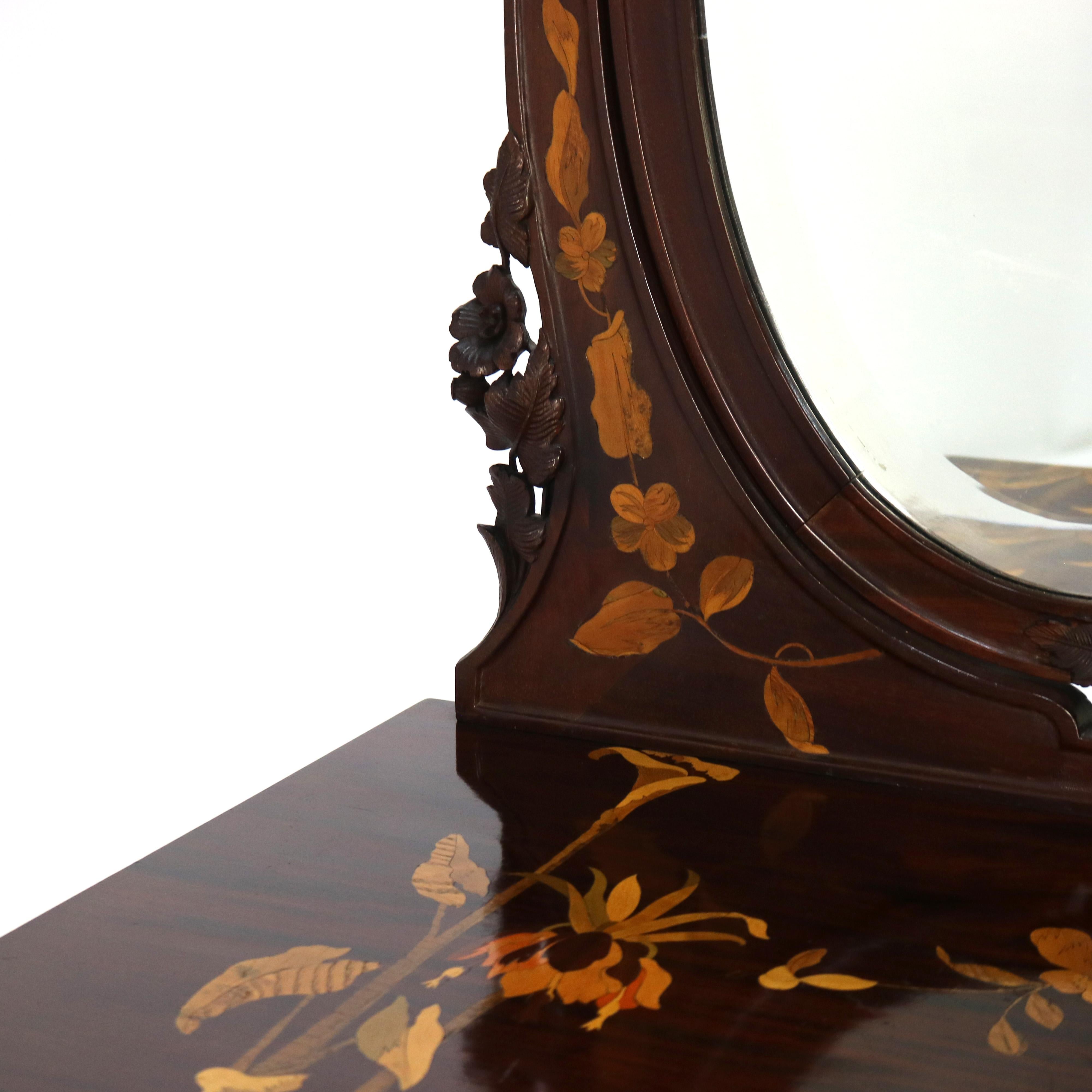 Antiker Majorelle/Galle-Schminktisch aus Mahagoni und Seidenholz mit Intarsien im Art nouveau-Stil, um 1900 3