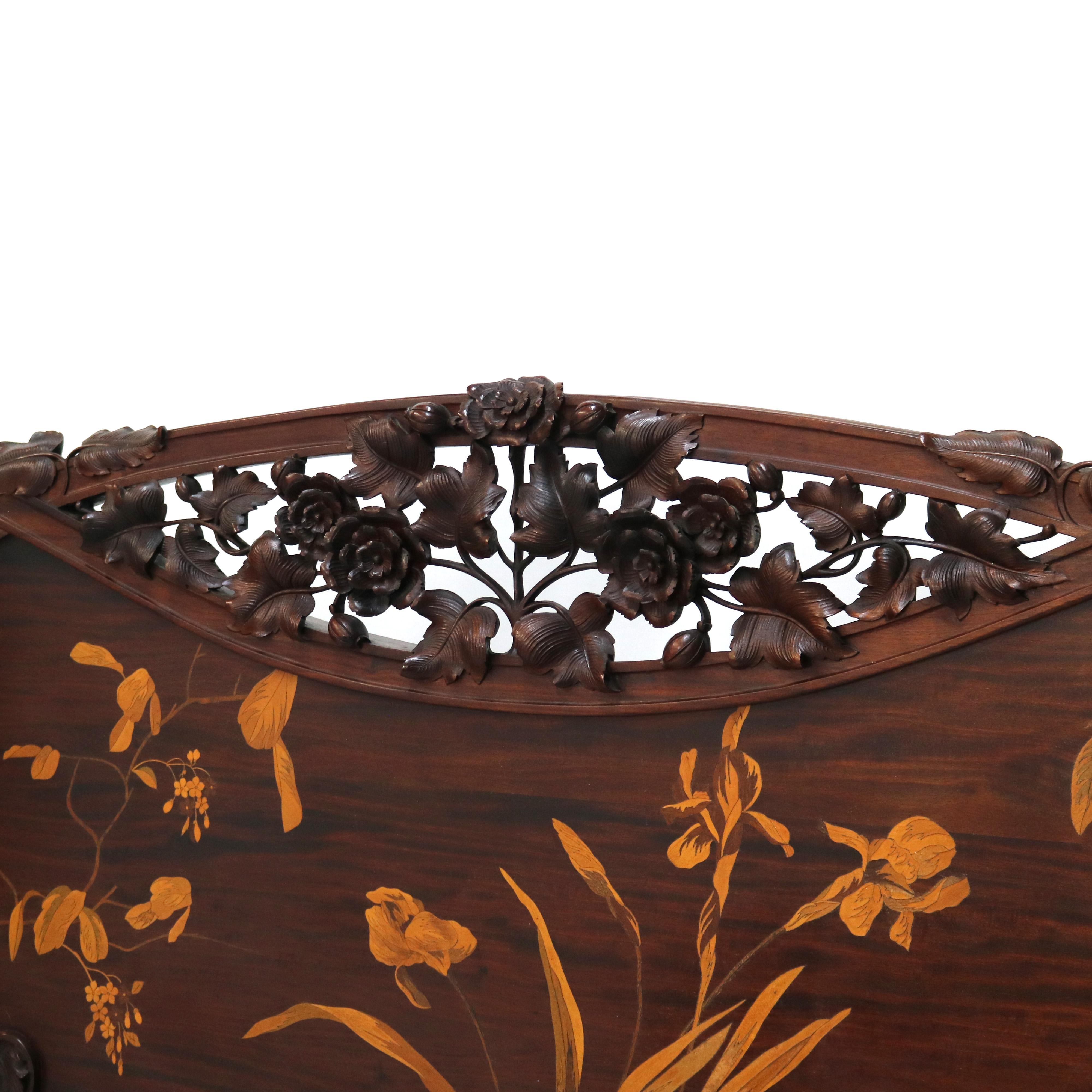 Antique Majorelle or Galle attr. Art Nouveau Mahogany With Satinwood Inlaid Marquetry Full Size Bed Frame with Carved & Reticulated Floral Crest, Floral & Foliate Inlay Throughout, and Raised on Splayed Legs C1900
***Vanity and mirrored dresser
