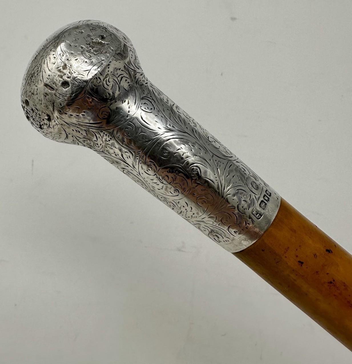British Antique Malacca Wooden English Walking Swagger Stick Cane Sterling Silver London