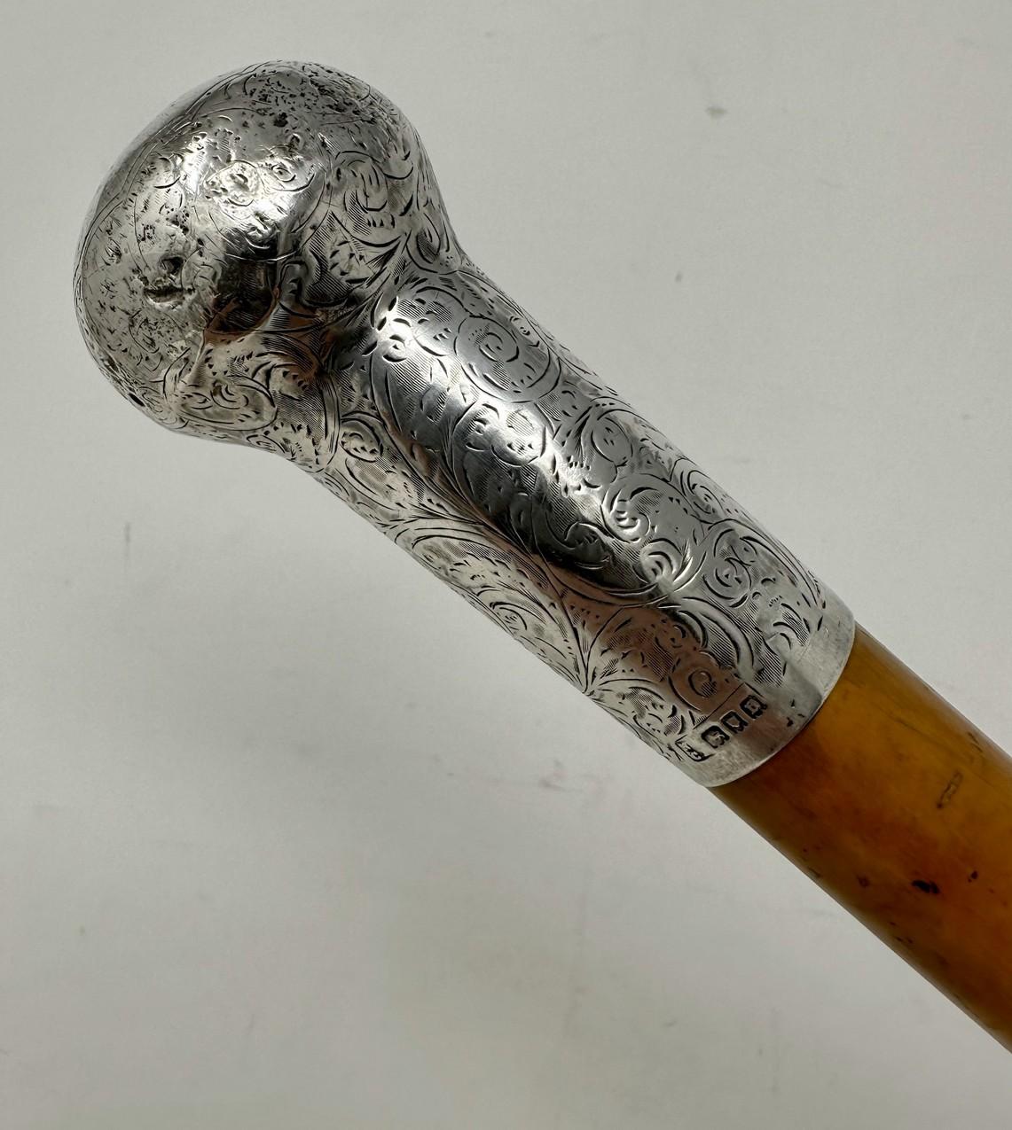 Carved Antique Malacca Wooden English Walking Swagger Stick Cane Sterling Silver London