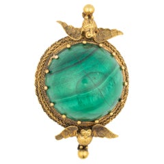 Antique Malachite and Owl Motif Brooch