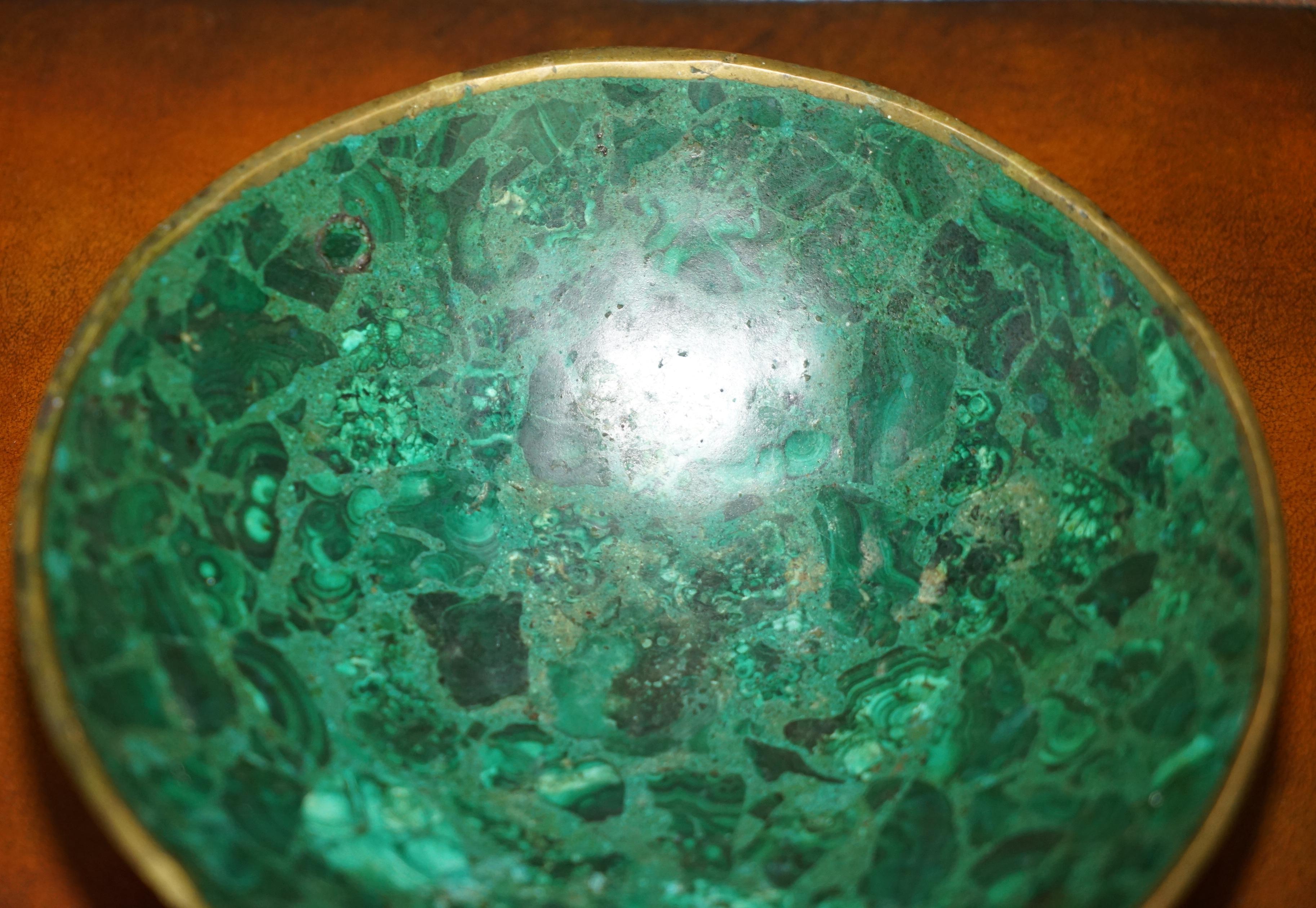 Hand-Crafted ANTIQUE MALACHITE BOWL GILT BRASS TRiM SUPER DECORATIVE IDEAL FOR NUTS & BERRIES