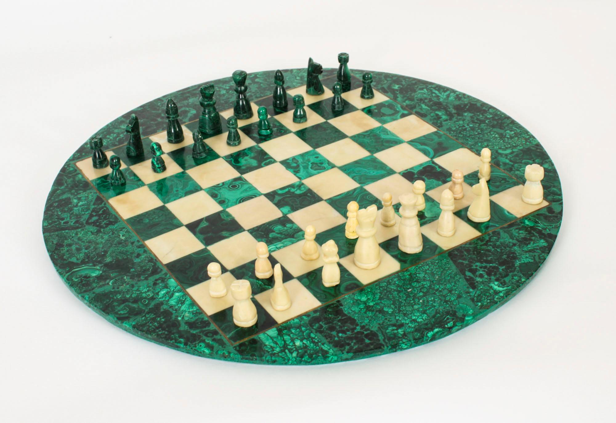 Antique Malachite & Carrara Marble Chess Board c.1920 20th Century 6