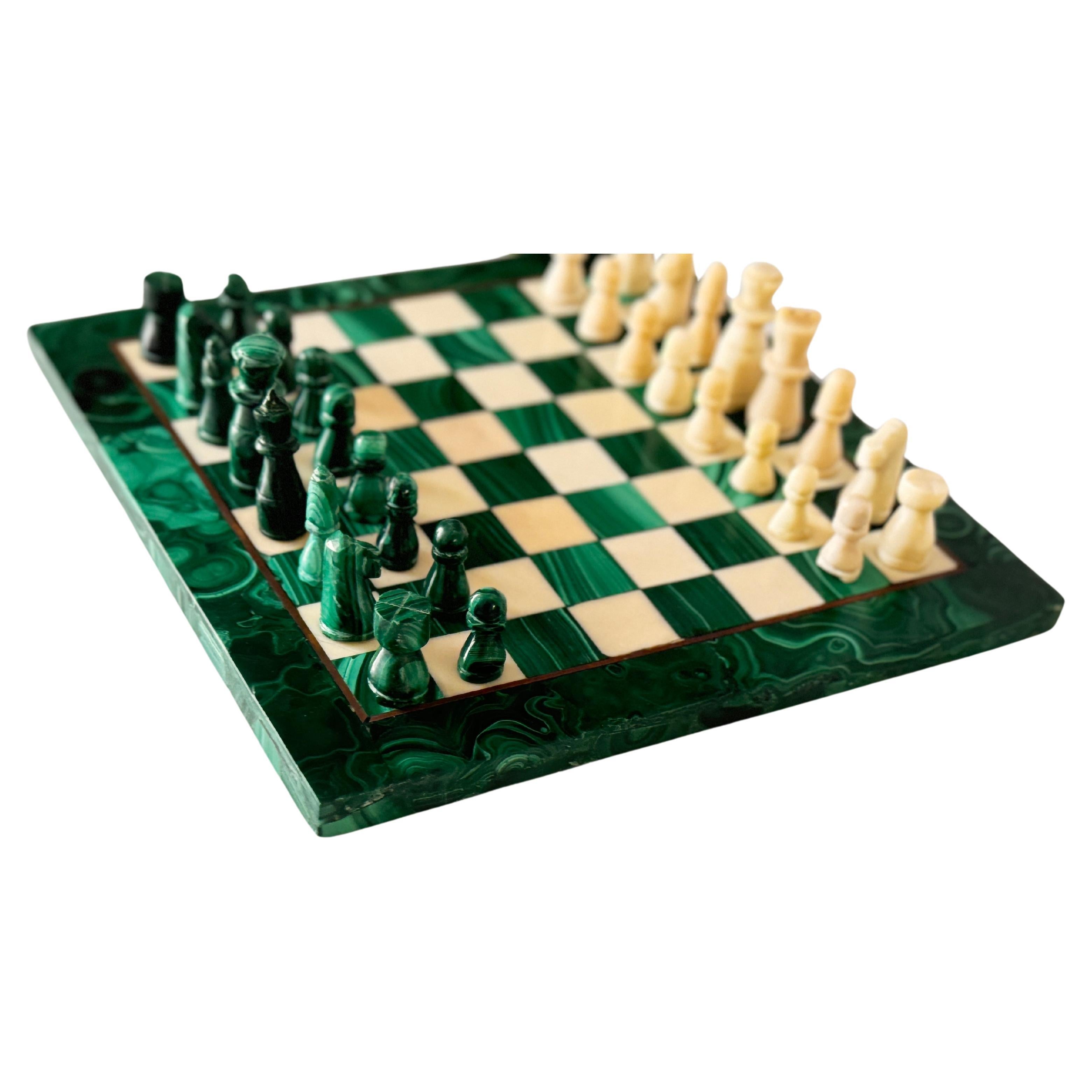 Antique Malachite & Carrara Marble Chess Board Early 20th Century
This is a wonderful antique Italian malachite and carrara marble chess board with complete chess pieces, circa 1920 in date.
 
The board is of square form with a malachite border thin
